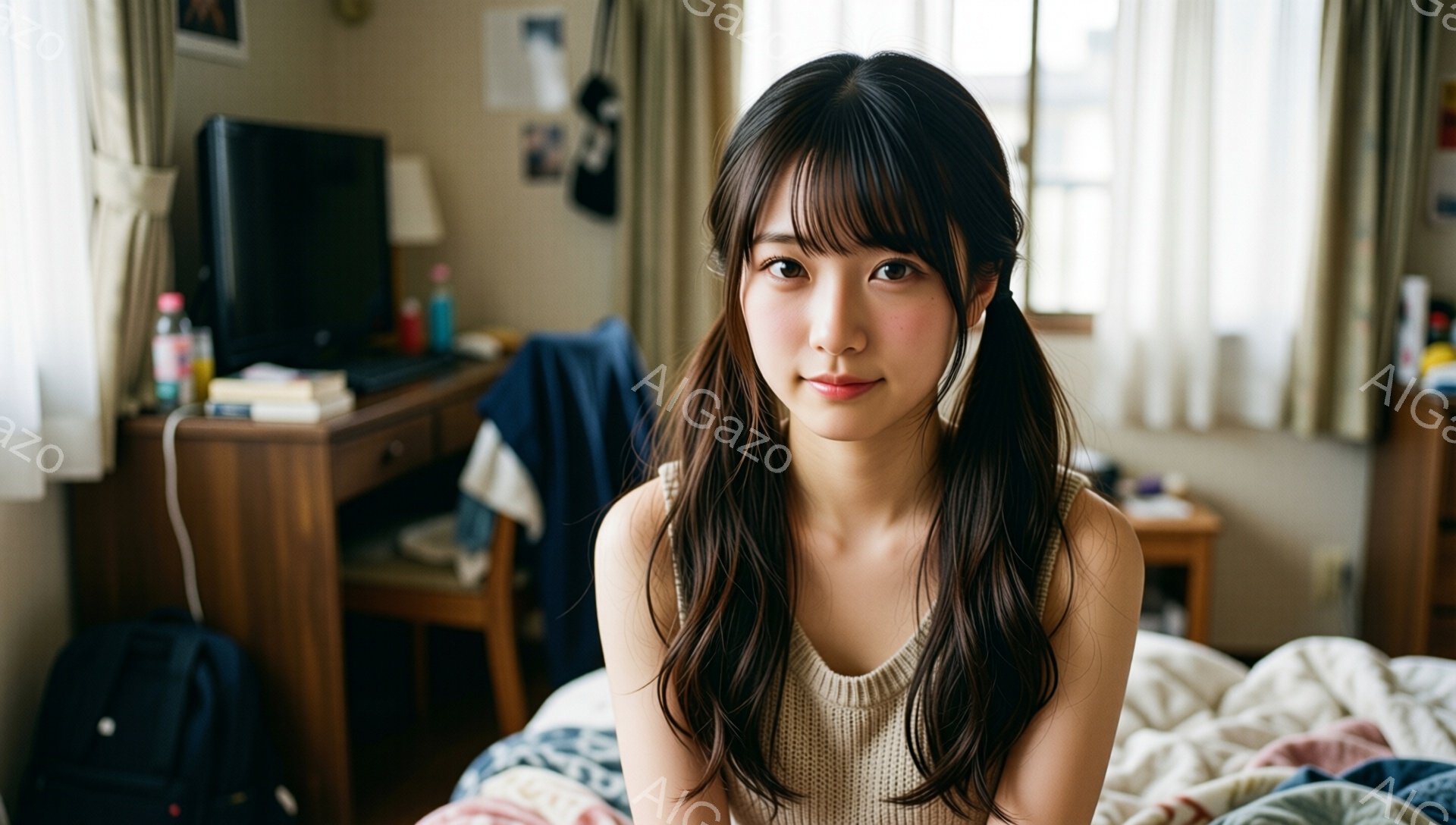 長い黒髪をハーフアップにした若い女性が、ベージュのニットベストを着てベッドに座っています。彼女は微笑んでおり、穏やかで親しみやすい表情をしています。背景には木製の机や椅子、そして生活感のある部屋の様子が見え、暖かくリラックスした雰囲気です。