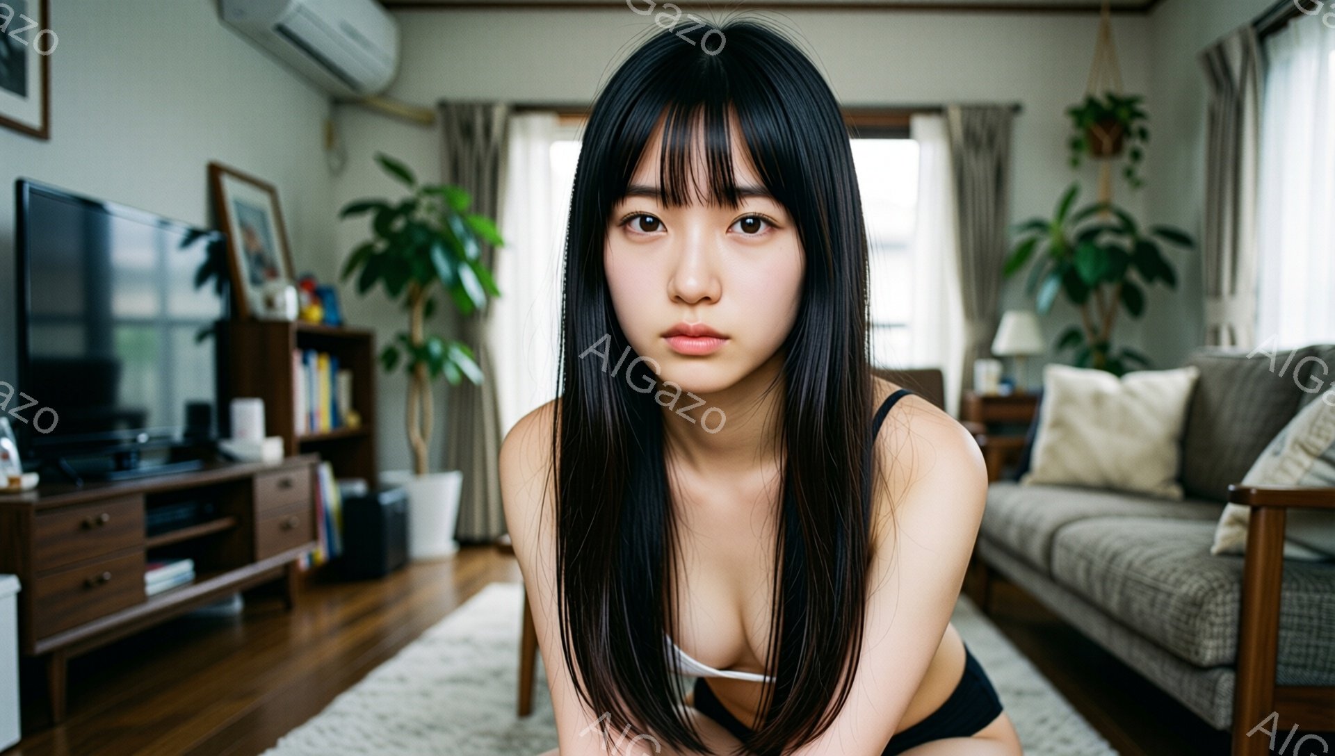 長い黒髪で前髪が目に届く女性が、白いキャミソールと黒いショーツ姿で床に横たわっています。彼女はカメラをまっすぐ見つめ、やや無表情な表情をしています。背景には、ソファー、テレビ台、観葉植物のあるリビング - AI生成フリー素材
