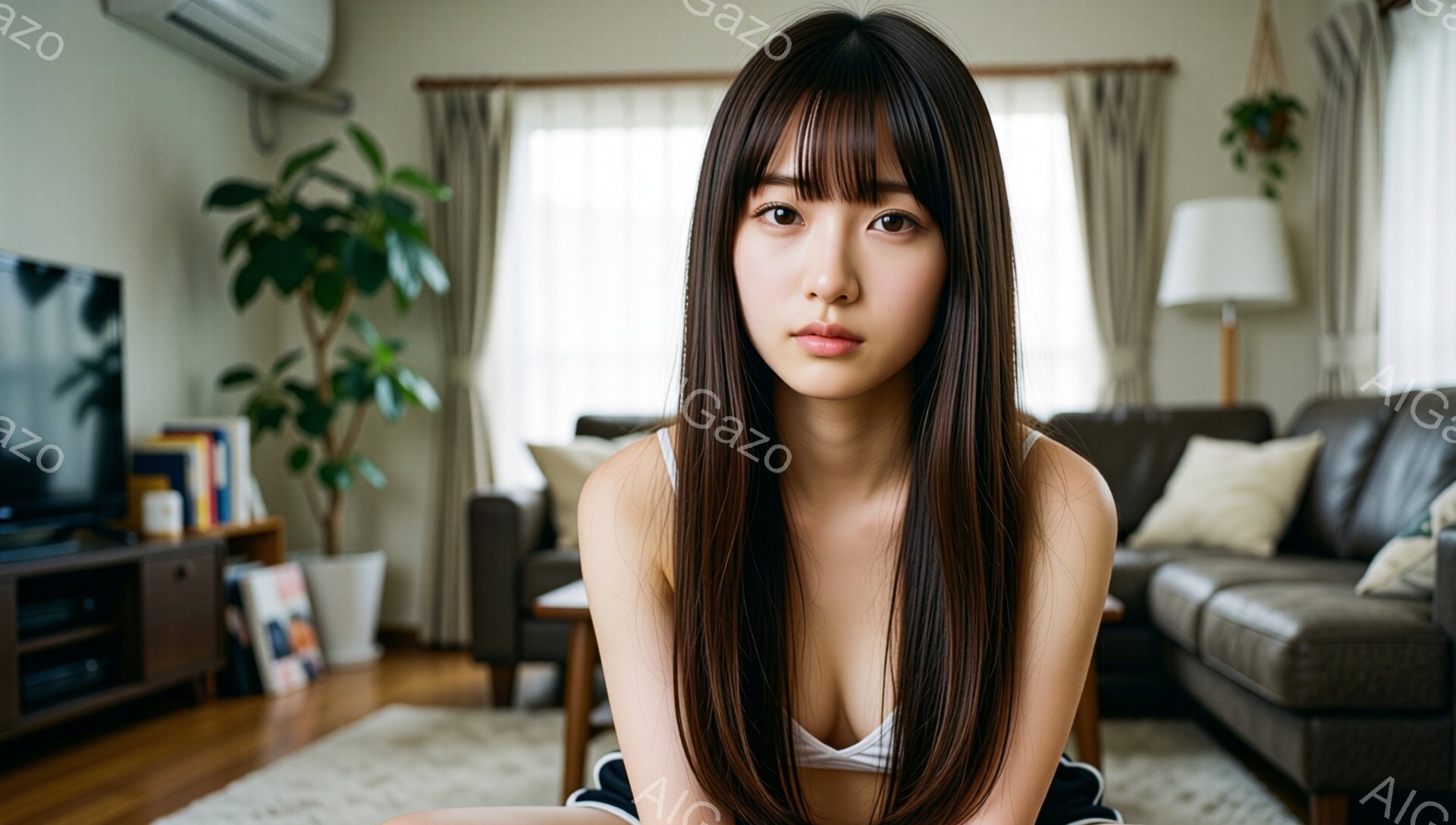 長いストレートヘアの若い女性が、白いスポーツブラと黒い短パン姿で座っています。彼女はカメラに向かって穏やかな表情で視線を合わせ、リラックスした姿勢です。背景には茶色のソファや観葉植物、テレビボードのあるリビングルームが見え、室内は明るく落ち着いた雰囲気です。