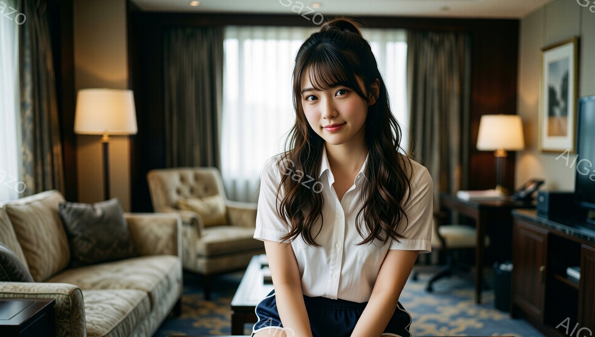 明るい笑顔を見せる若い女性が写っています。白いシャツに濃い色のスカートを着用し、髪は肩までの長さで軽くウェーブがかかっています。背景は豪華なホテルのリビングルームで、ソファや木製の家具が見え、落ち着いた雰囲気が漂っています。