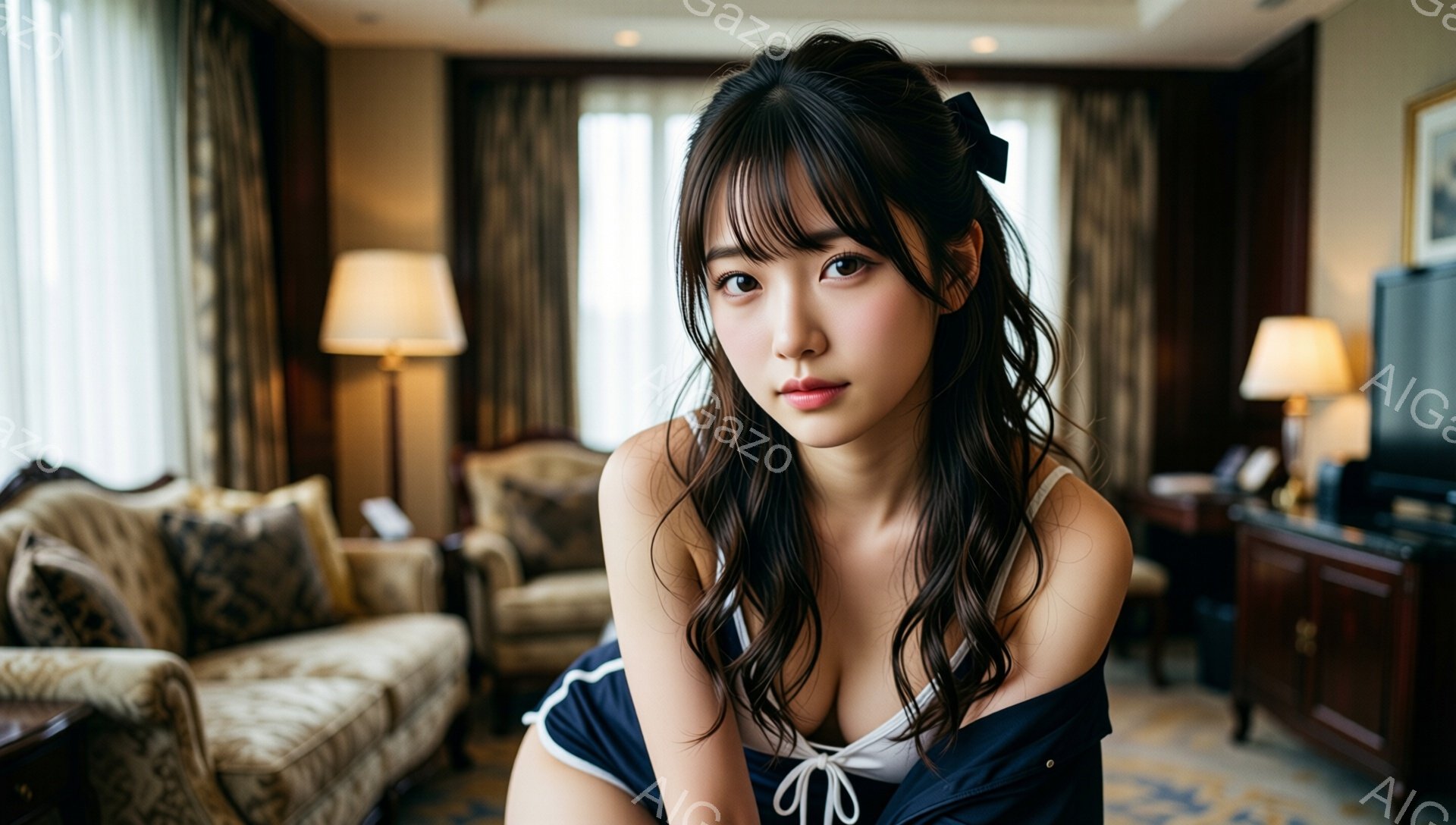 長い黒髪をセンターパートにし、リボンでハーフアップにした女性が写っている。ネイビーブルーのキャミソールドレスを着ており、少し微笑んだ表情でカメラを見つめている。背景は豪華なリビングルームで、クリーム色のソファと木製のキャビネットがあり、暖かく落ち着いた雰囲気である。