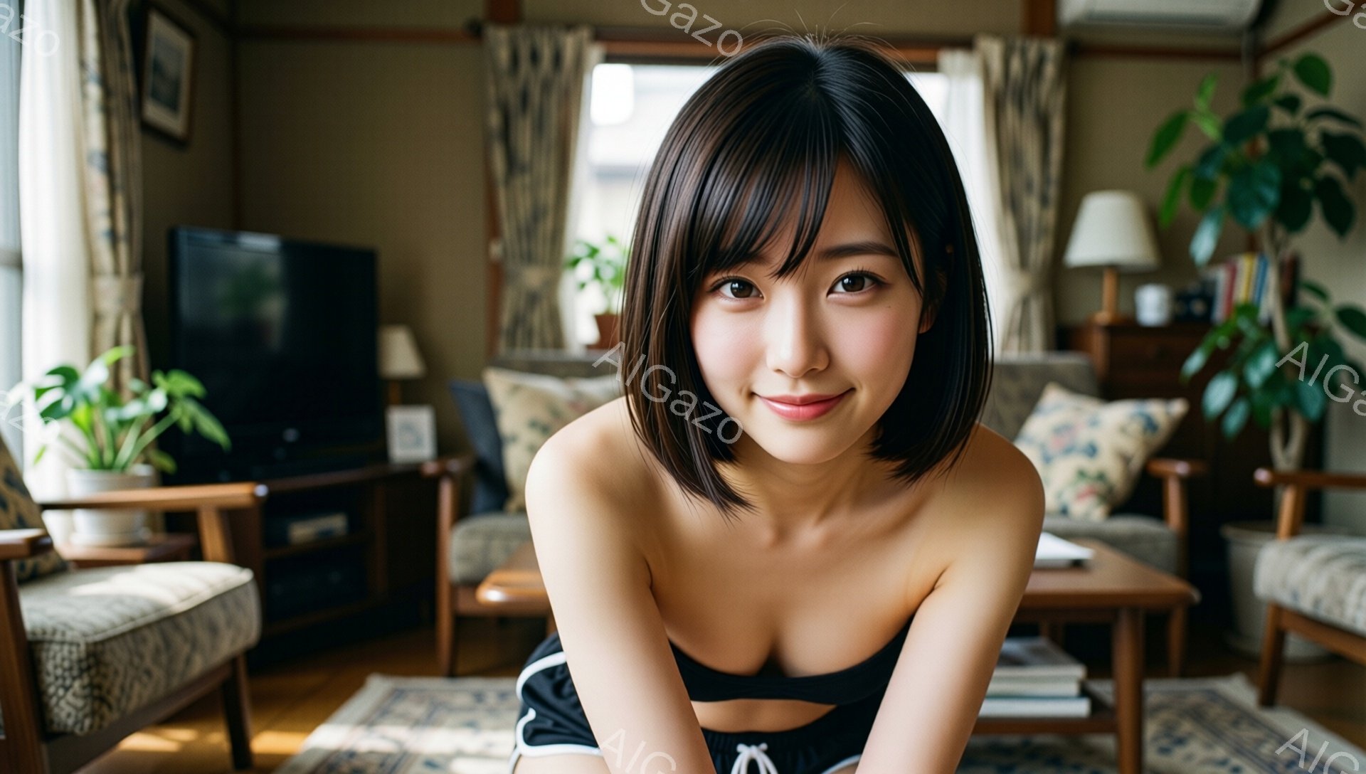 ショートヘアの女性が、リビングルームの床にうつ伏せになり、カメラの方を見て微笑んでいます。黒いスポーツブラと短いショーツ姿で、リラックスした雰囲気です。背景には、窓からの自然光が差し込む居間、ソファ、観葉植物、テレビ台などが見え、家庭的な暖かさを感じさせます。
