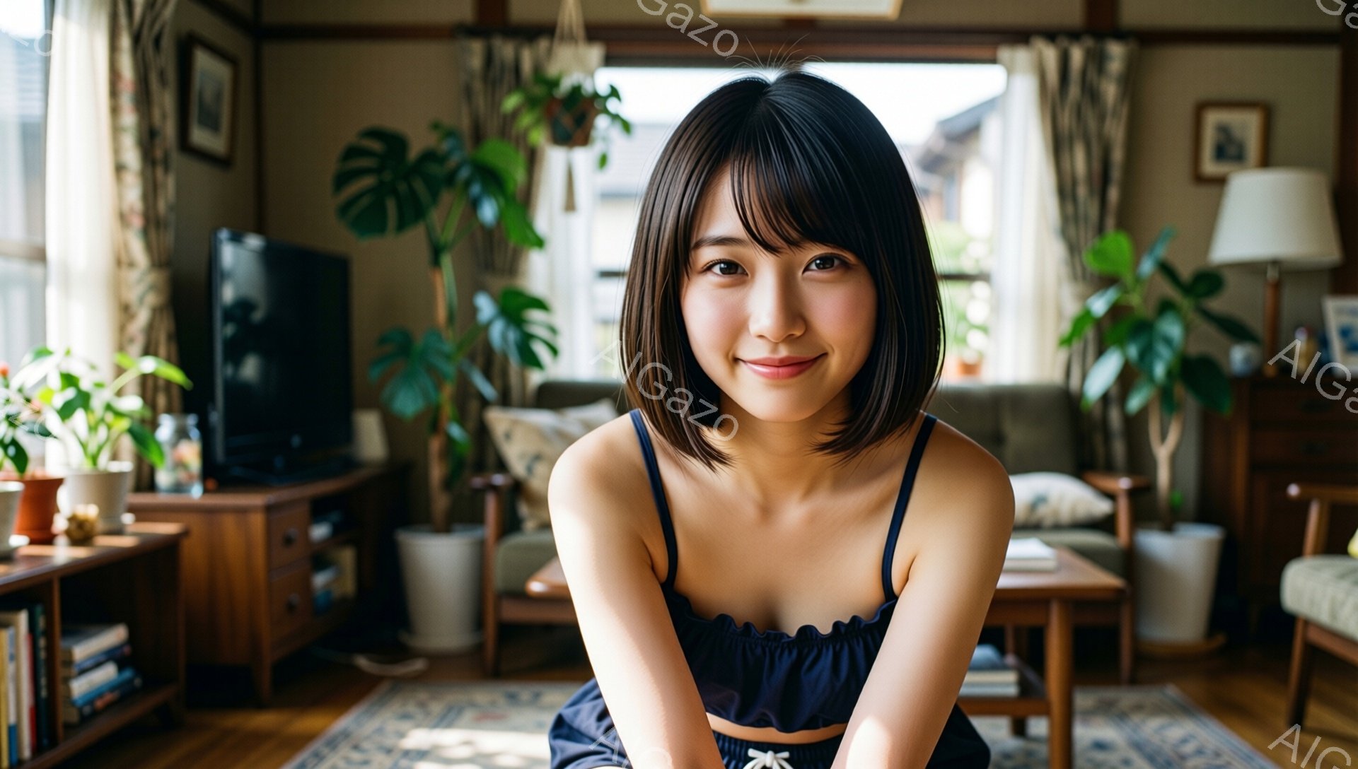 短い黒髪で前髪が目にかかる女性が、紺色のフリル付きのトップスを着てカメラに向かって微笑んでいます。彼女は膝を抱えて座っており、背景には木製の家具や植物が配置された明るいリビングルームが広がっています。全体的に、リラックスした家庭的な雰囲気が感じられます。