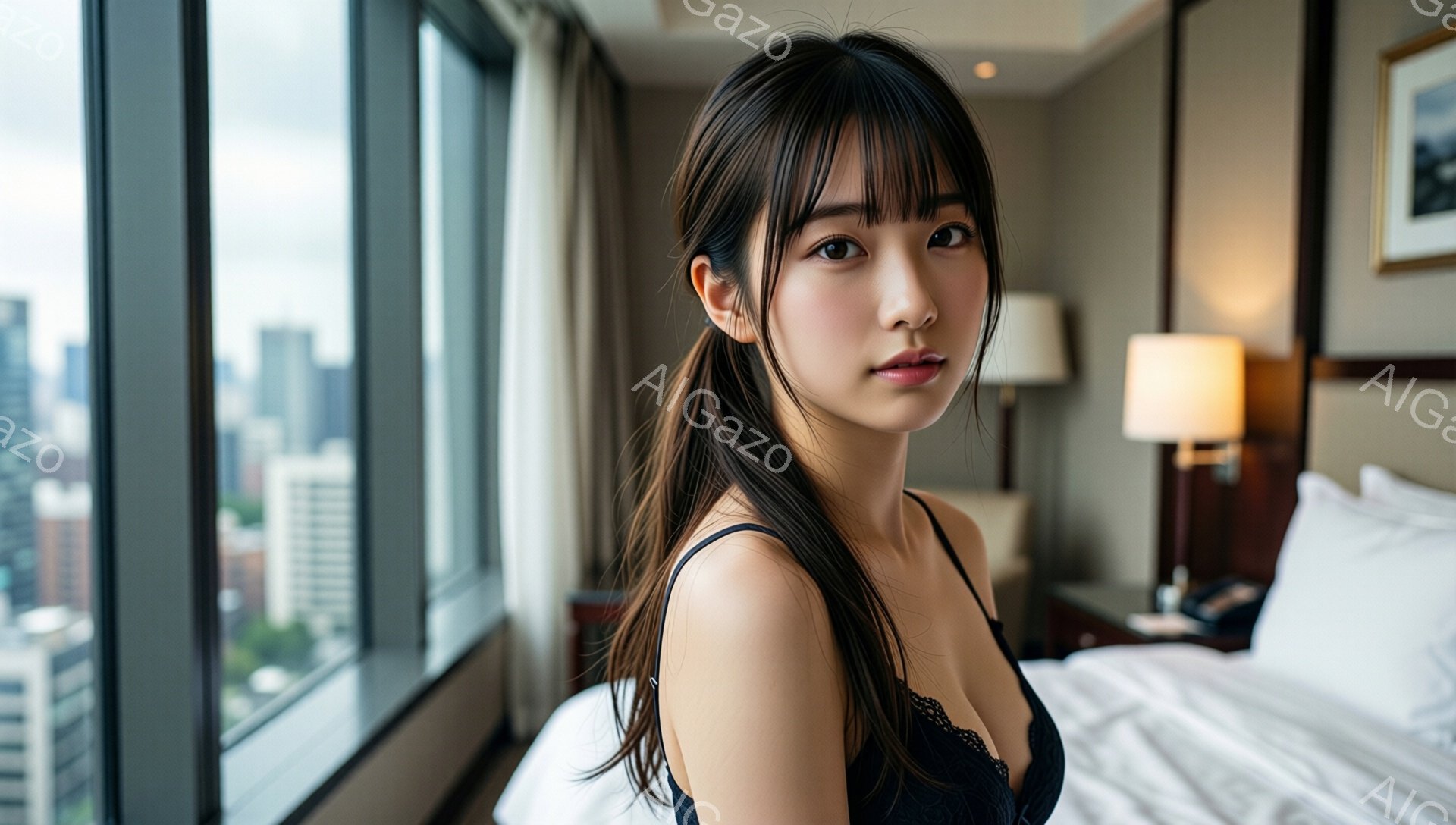 黒髪の女性がベッドに横たわり、カメラ目線で微笑んでいます。彼女は黒のレースのキャミソールを着ており、髪は後ろでポニーテールに結ばれています。背景には高層ビルが見える都会の風景が広がっており、室内は明る - AI生成フリー素材