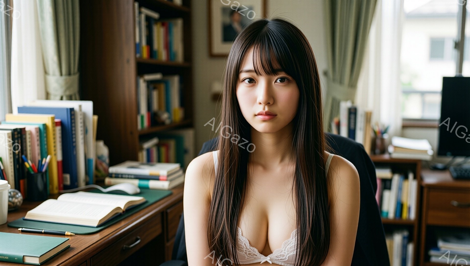 長い黒髪の女性が、ベージュのレースブラと白いキャミソールを着て、木製の机の前に座っています。彼女はカメラに向かって少し憂いを含んだ表情で、両手を机の上に置いています。背景には、本棚、窓からの自然光、そ - AI生成フリー素材