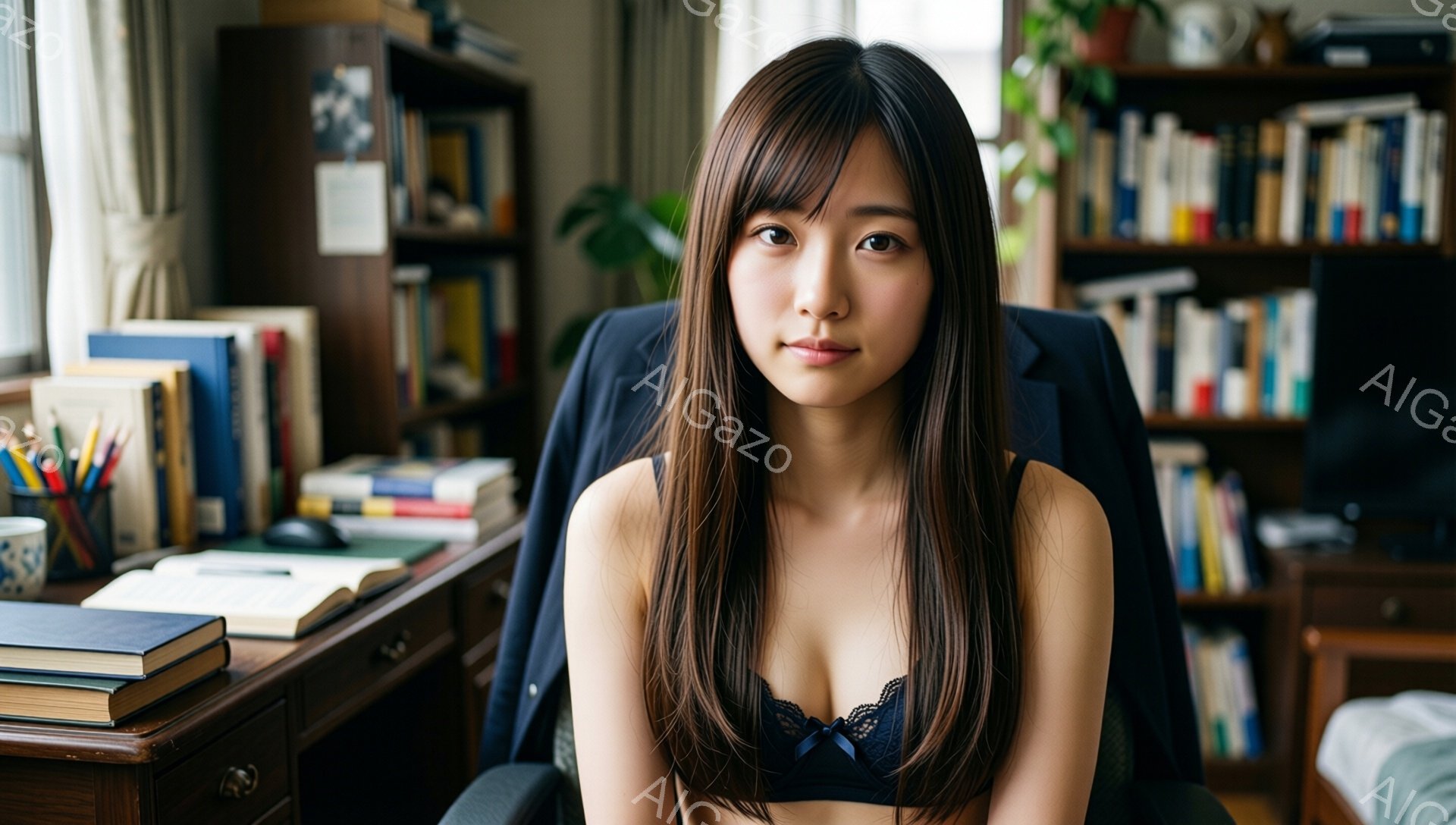 長い黒髪の女性が、黒いレースのブラレットを着用し、オフィスチェアに座って正面を見ている。背景には本棚が並び、机の上には本や筆記用具が置かれている室内である。全体的に落ち着いた雰囲気だが、女性の服装から少し挑発的な印象も受ける。