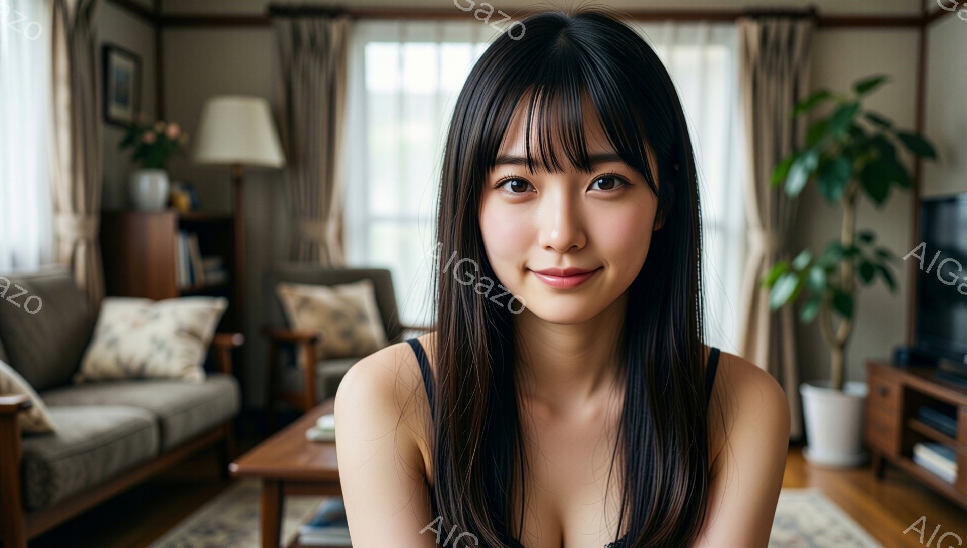 長い黒髪をセンターパートにした若い女性が正面を向いて微笑んでいます。彼女は肩から胸元が露出した白いトップスを着ており、背景にはリビングルームらしき空間が見えます。明るい自然光が差し込み、リラックスした穏やかな雰囲気が漂っています。