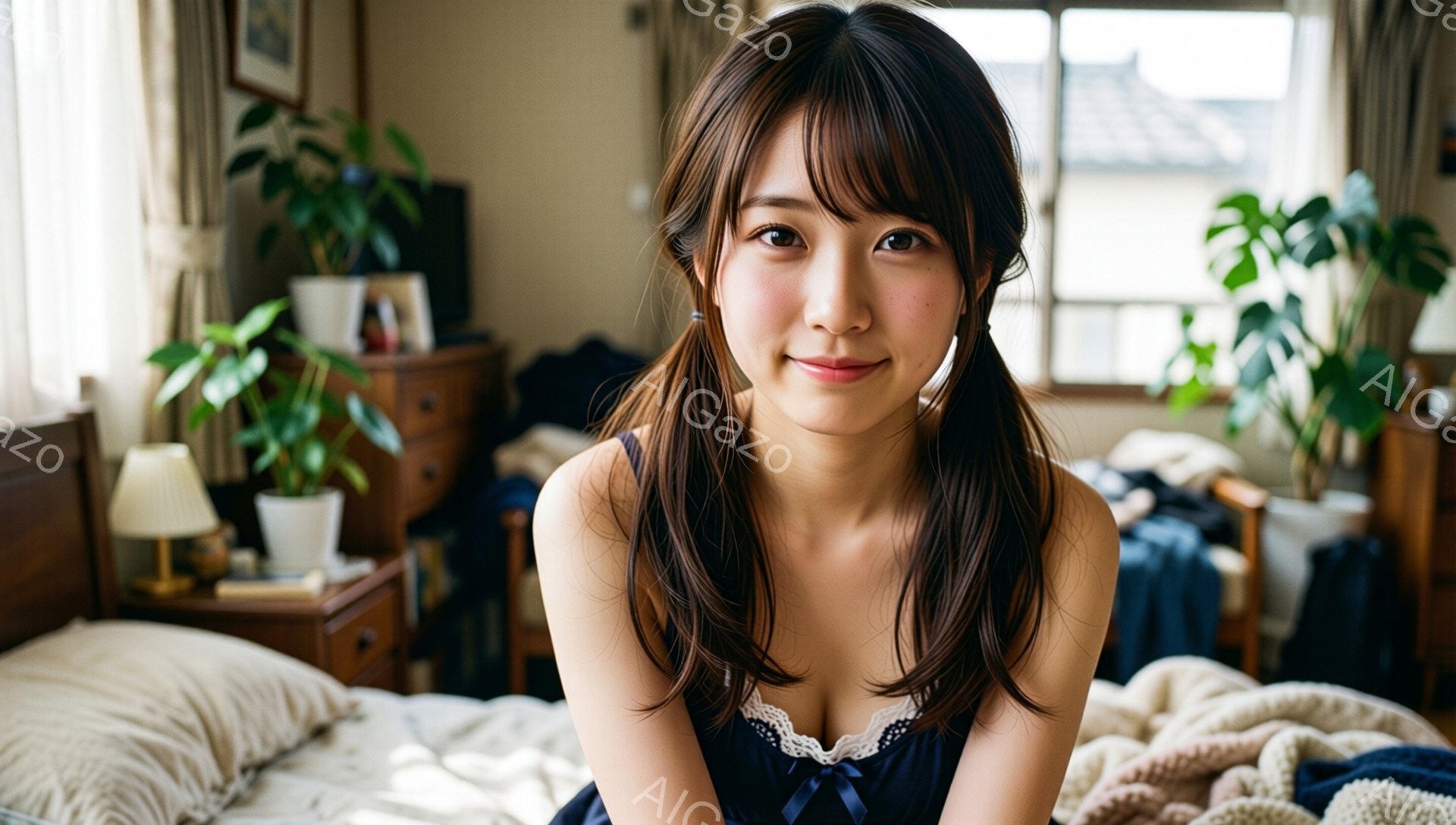 明るい室内で、若い女性がベッドに座り、カメラに向かって微笑んでいる。彼女はダークブラウンの髪をサイドポニーテールにし、レースのトリミングが施されたネイビーのキャミソールを着ている。背景には木製のナイト - AI生成フリー素材