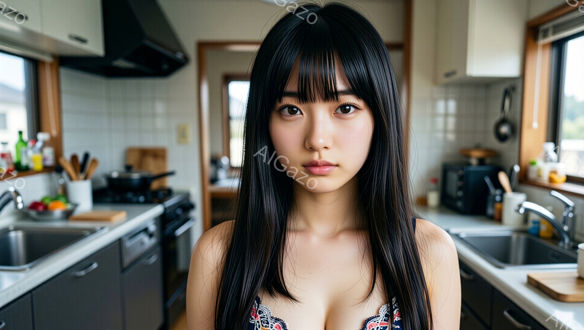 黒髪の女性がキッチンで正面を見据えています。彼女は肩を露出した花柄のトップスを着ており、長くストレートな髪が顔の周りを飾っています。背景は暖色系のキッチンで、調理器具や食器が整然と並べられ、窓からは自然光が差し込んでいます。