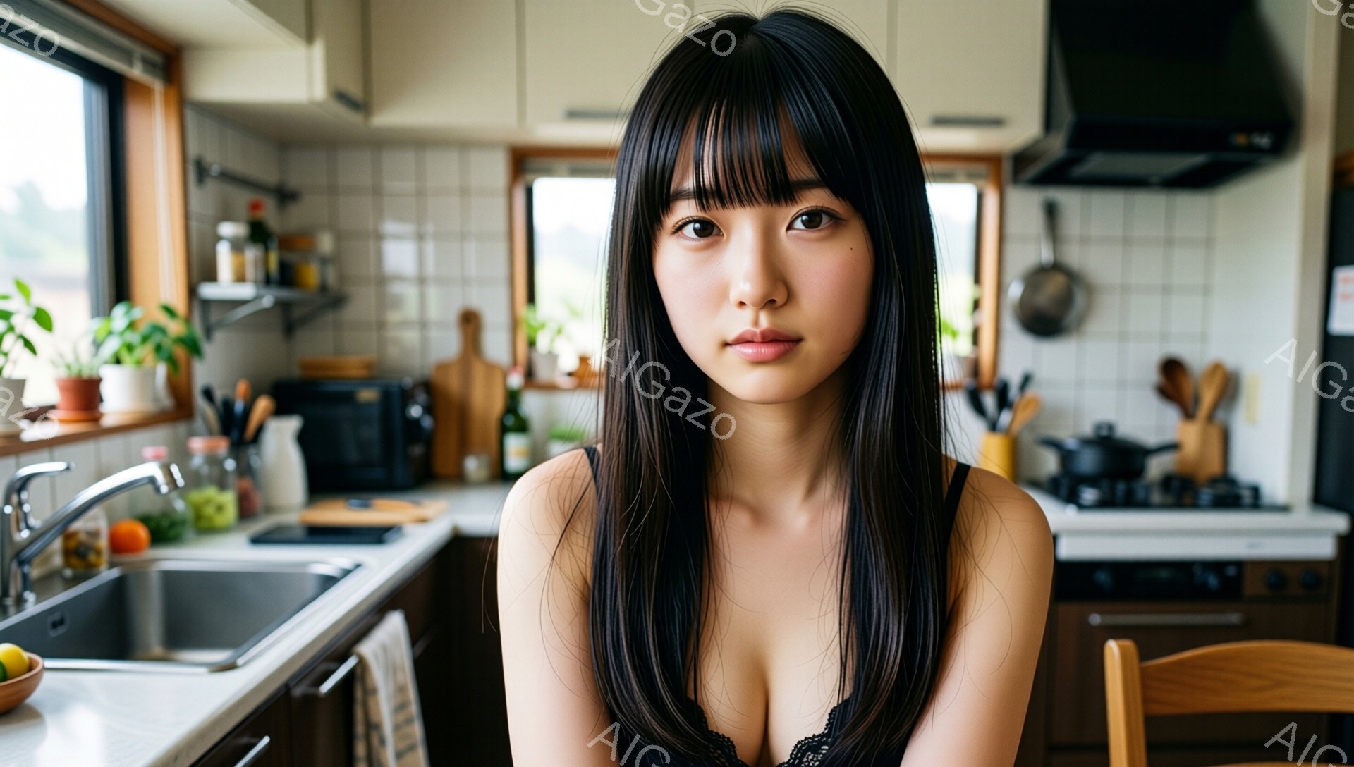 長い黒髪の女性がキッチンで正面を向いています。黒いレースのキャミソールを着ており、少し微笑んでいます。背景にはキッチン用品や窓からの自然光が見え、家庭的で穏やかな雰囲気が漂っています。 - AI生成フリー素材