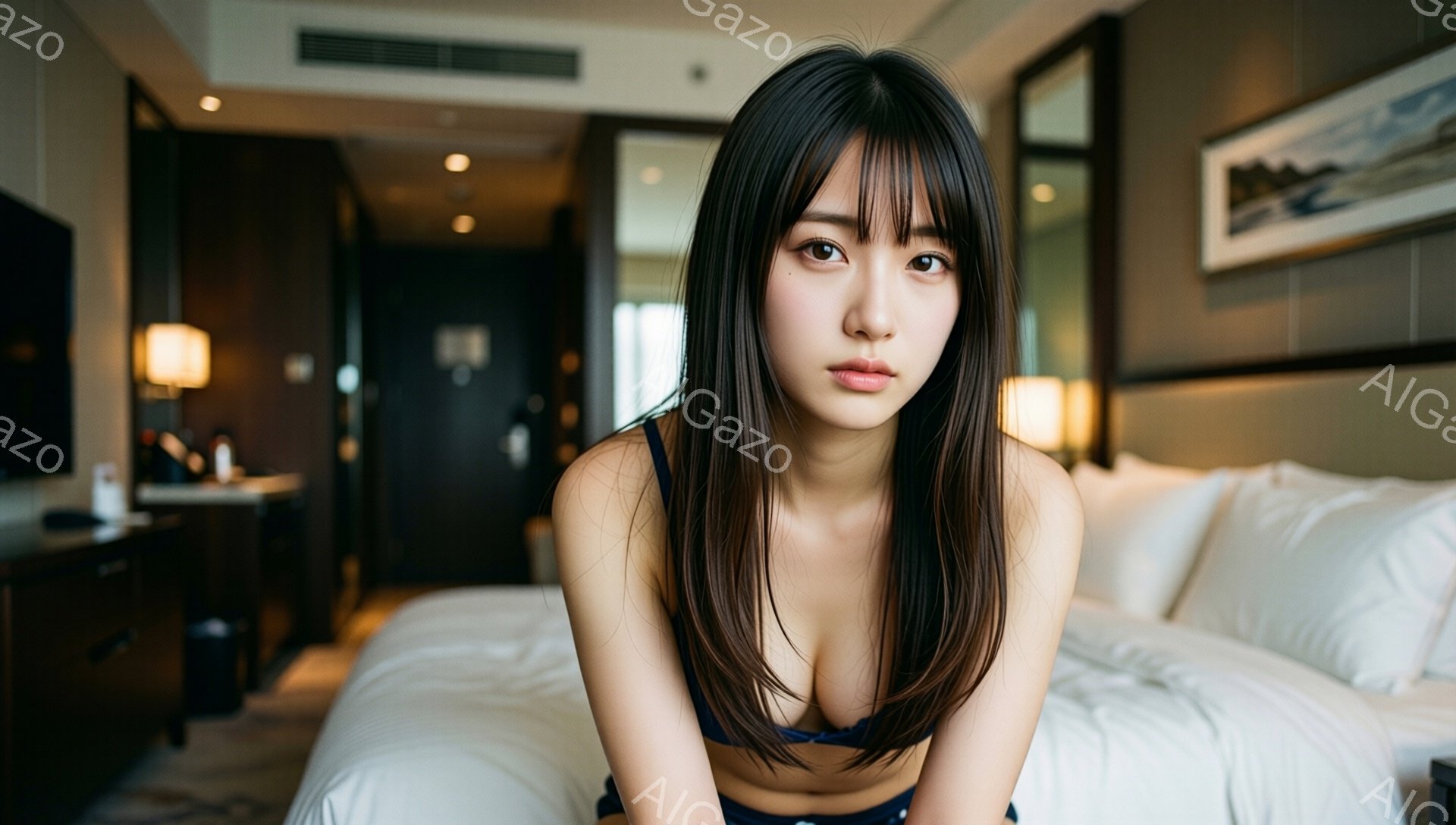 長い黒髪の女性がベッドに座り、紺色のブラレットを身に着けています。彼女はカメラを見つめ、やや憂いを帯びた表情を浮かべています。背景はホテルの部屋で、明るい色調で、壁には絵が飾られています。 - AI生成フリー素材