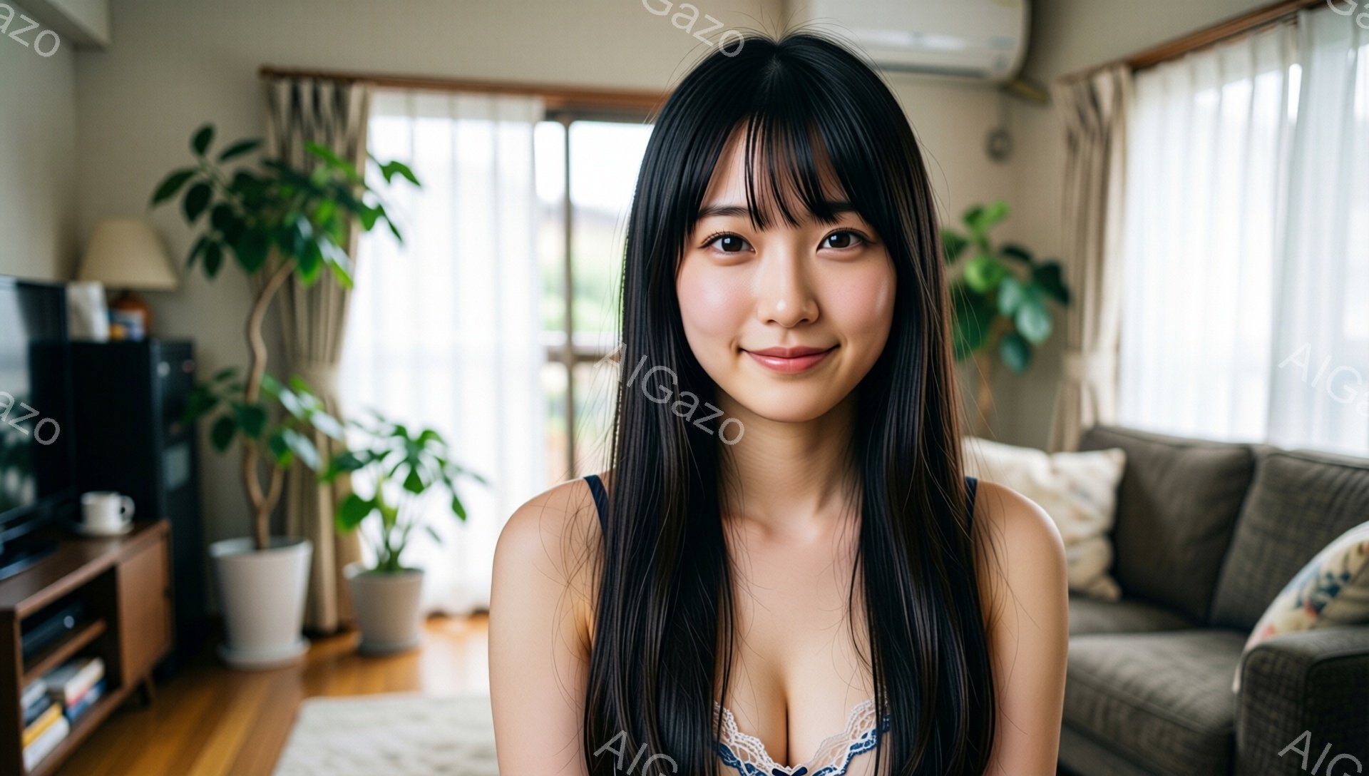 長い黒髪で、前髪が目にかかる女性が正面を向いて微笑んでいます。彼女はレースのブラレットと短いパンツを身につけており、リラックスしたポーズで座っています。背景には、ソファ、観葉植物、そして窓から差し込む自然光のあるリビングルームが見えます。