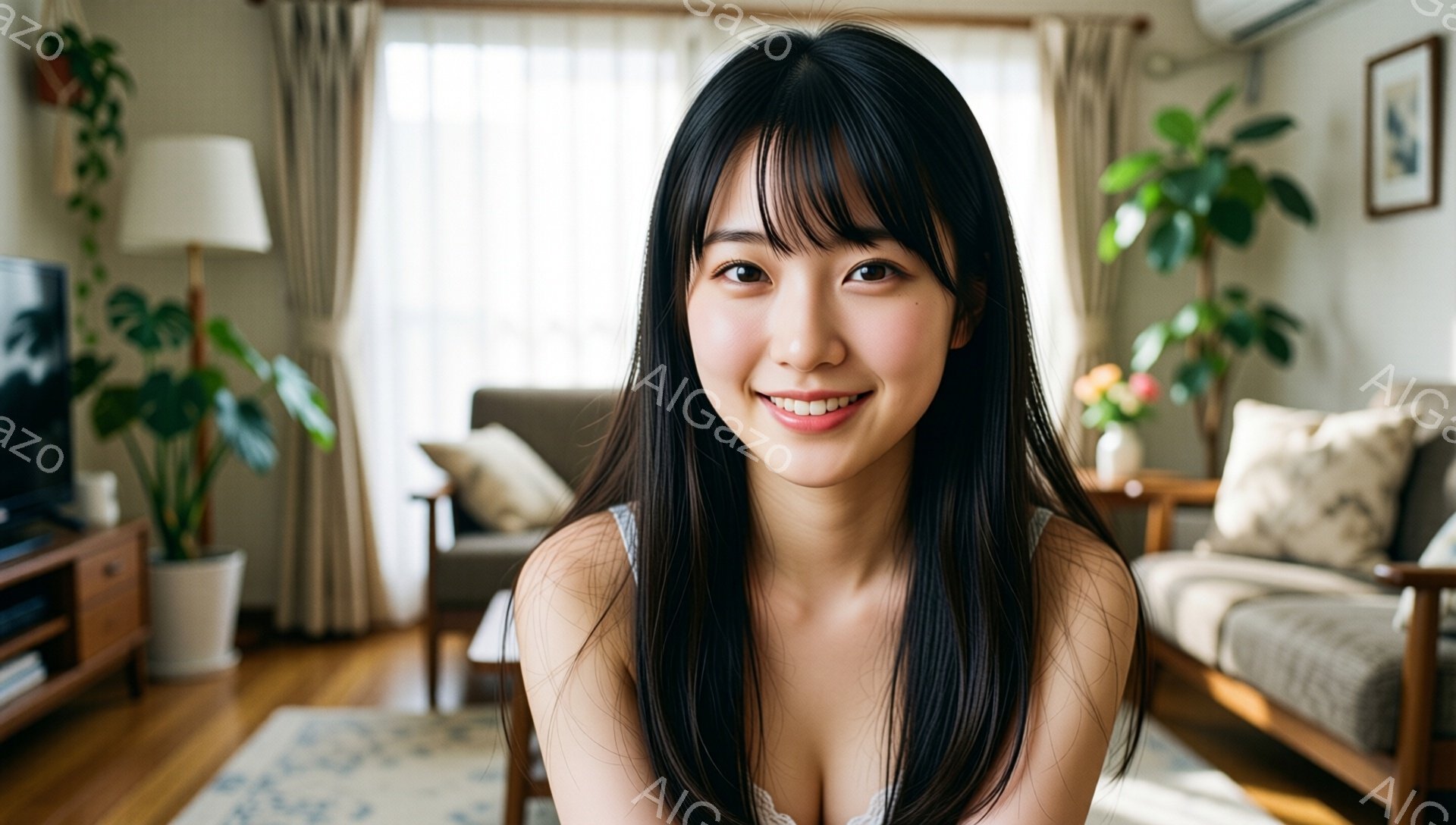 長い黒髪で、前髪が目の上にかかる女性が微笑んでいます。ベージュのストラップ付きのトップスを着ており、背景には明るいリビングルームが見え、ソファや観葉植物が配置されています。全体的に暖かく、家庭的な雰囲気が漂っています。