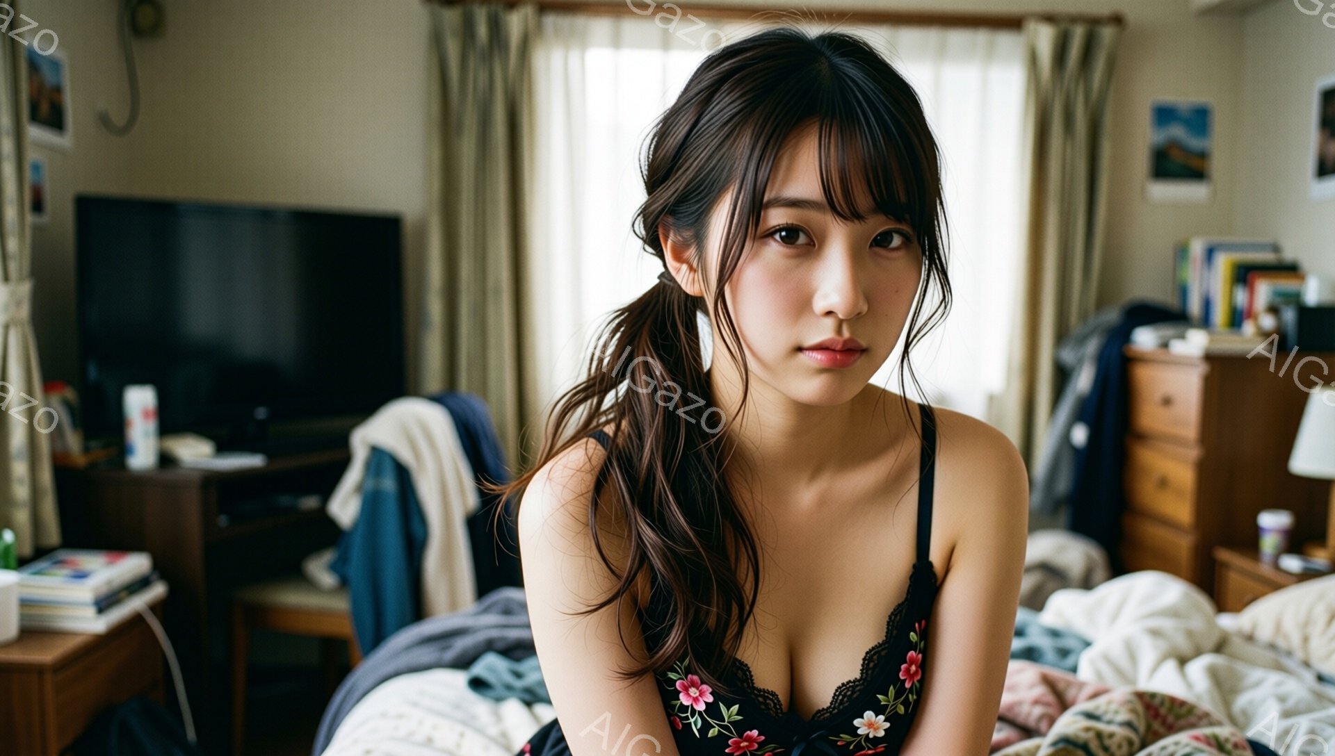 長い黒髪をハーフアップにし、赤い刺繍が施された黒いキャミソールを着た若い女性が、ベッドに座ってこちらを見ている。彼女の表情はわずかに微笑んでおり、落ち着いた雰囲気を醸し出している。背景にはテレビや家具 - AI生成フリー素材