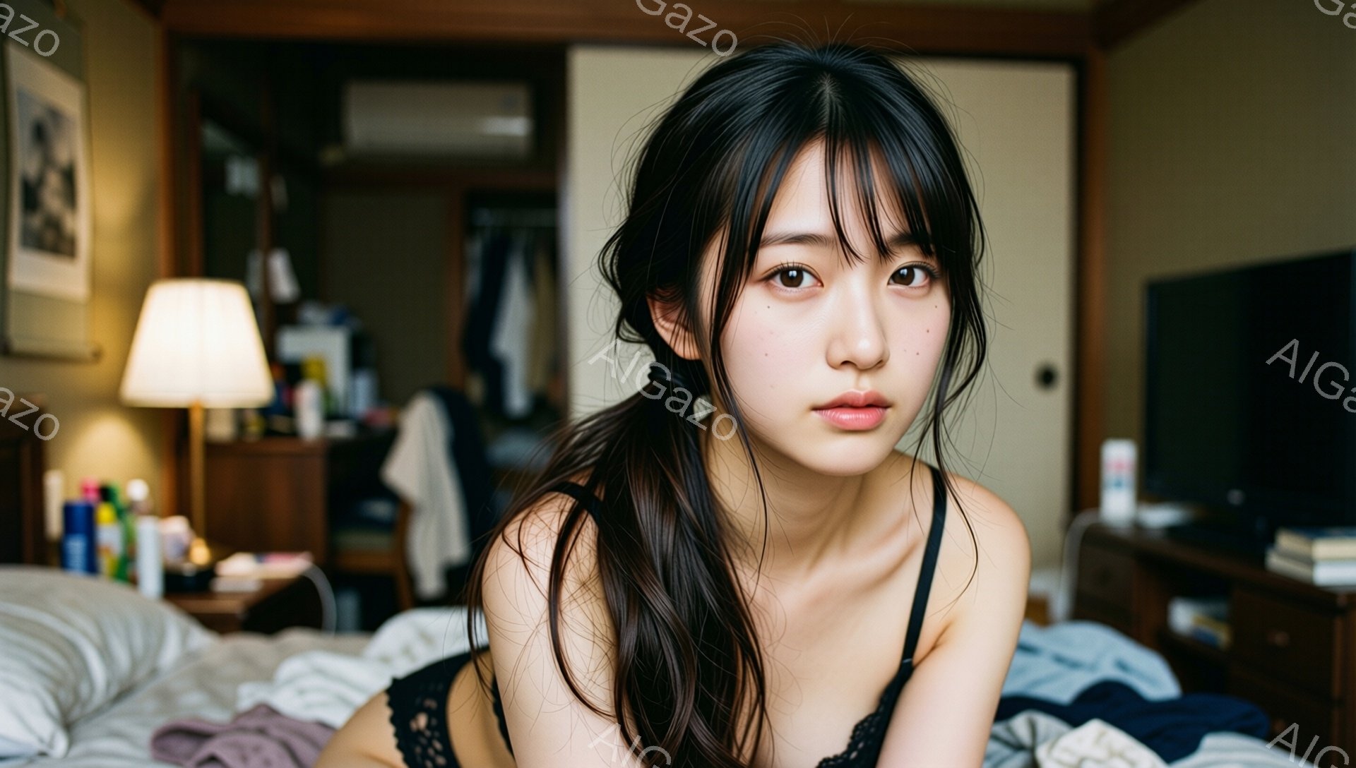 長い黒髪を無造作に後ろで束ねた若い女性が、レースのキャミソールを着てベッドに横たわっています。少し憂いを帯びた表情で、カメラの方を見つめており、肌は透明感があります。背景には木製の家具や照明があり、室内がわずかに散らかっている様子が伺え、親密で落ち着いた雰囲気が漂っています。