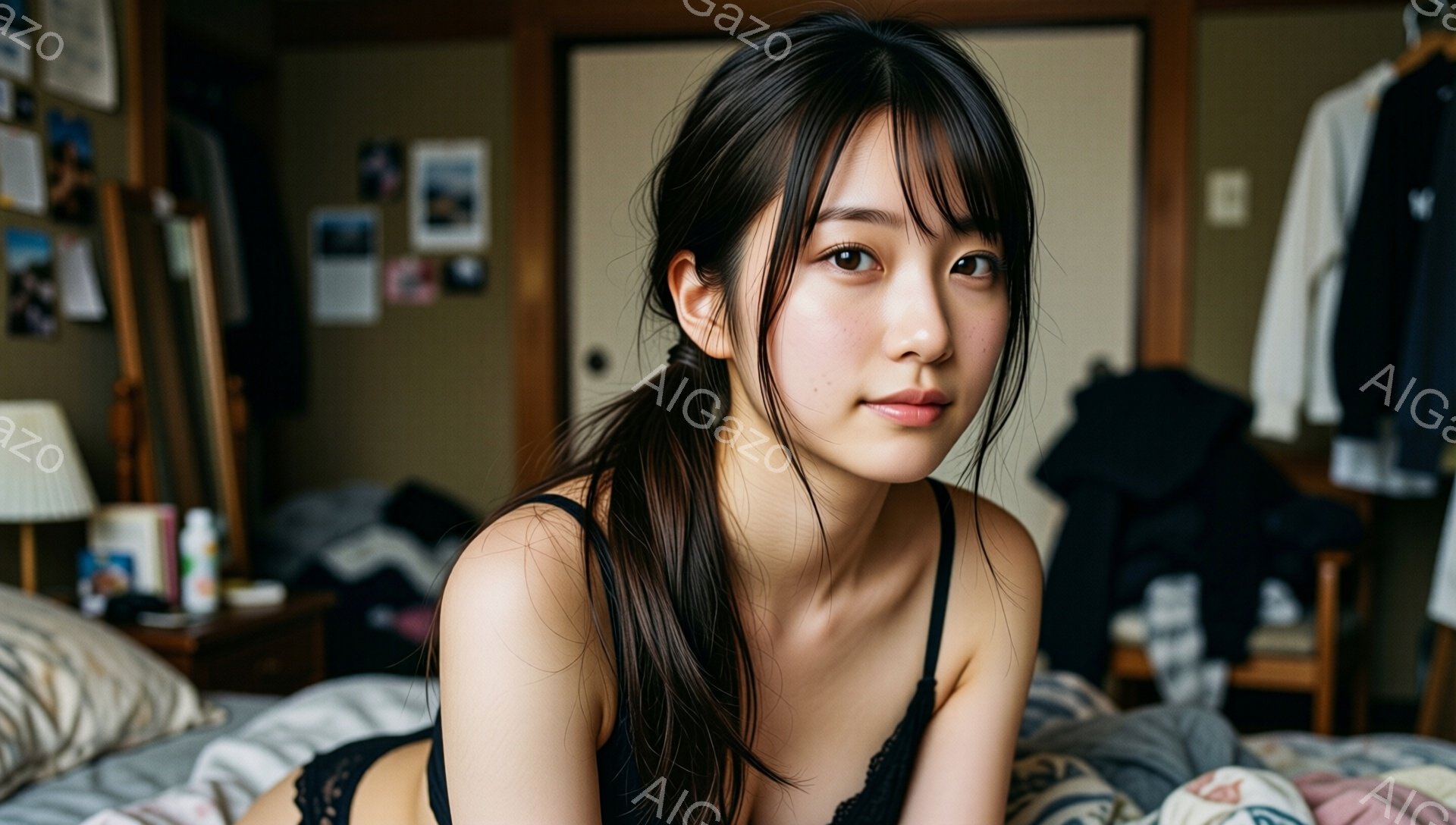 長い黒髪をポニーテールにした若い女性がベッドに横たわっています。黒いレースのキャミソールを着ており、穏やかで少し憂いのある表情を浮かべています。背景には家具や装飾品が見え、室内でリラックスした雰囲気が - AI生成フリー素材