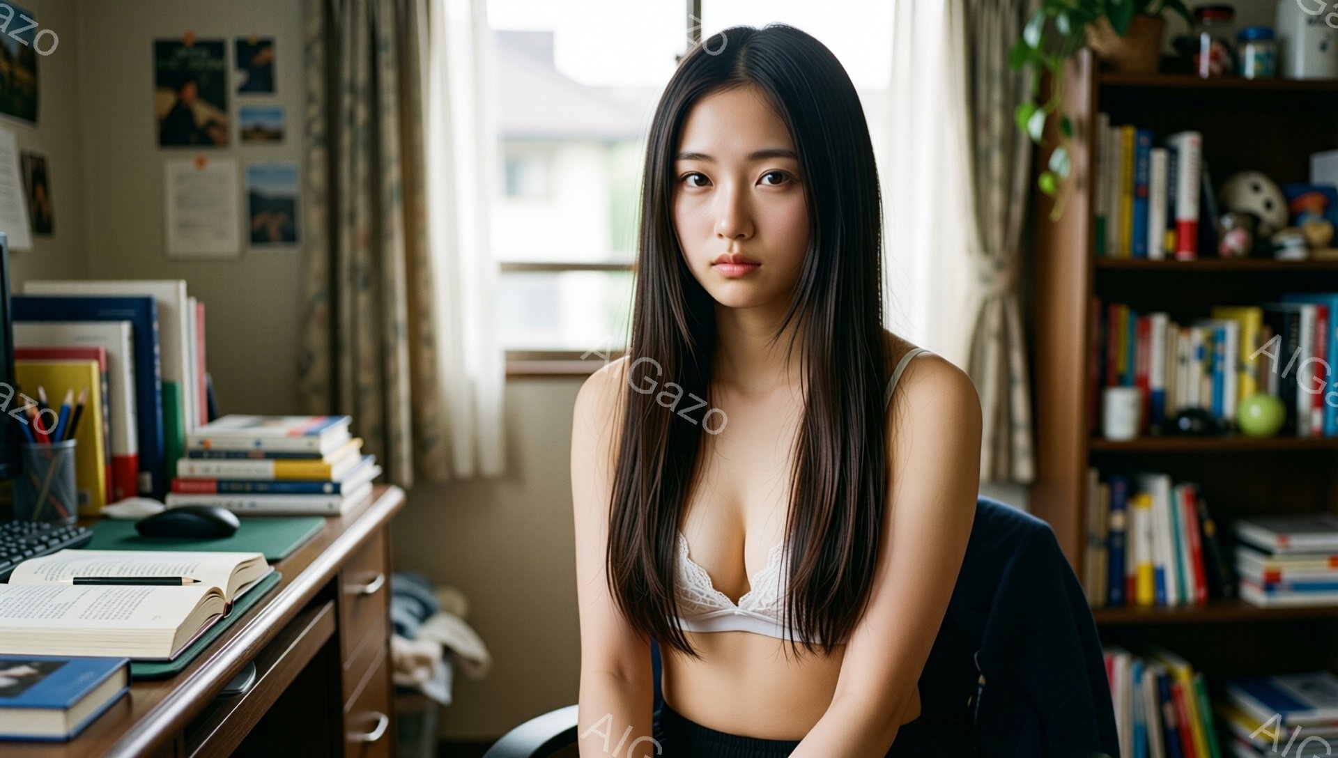 長い黒髪をセンターパートにした女性が、白いレースのブラジャーと黒いスカートを身に着けて椅子に座っている。彼女はカメラを見つめ、やや物憂げな表情をしている。背景には本棚、机、コンピューター、窓が見え、室内は明るく、少し散らかった雰囲気である。