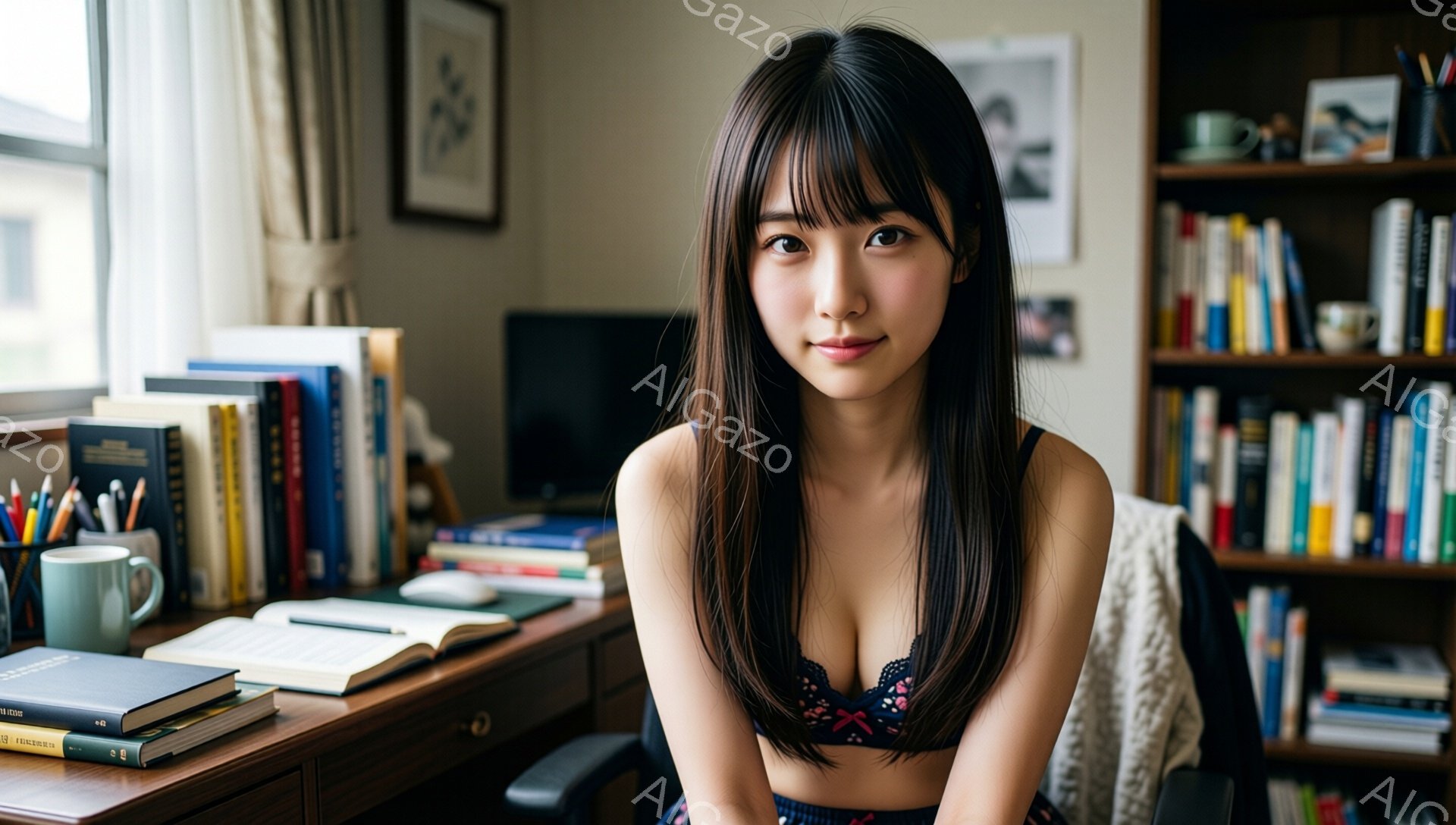 長い黒髪で前髪が目の上にかかる女性が写っています。彼女はレースのブラレットと黒いショートパンツを身につけ、少し微笑んでいます。背後には本棚、机、コンピューターなどがあり、勉強部屋のような空間です。