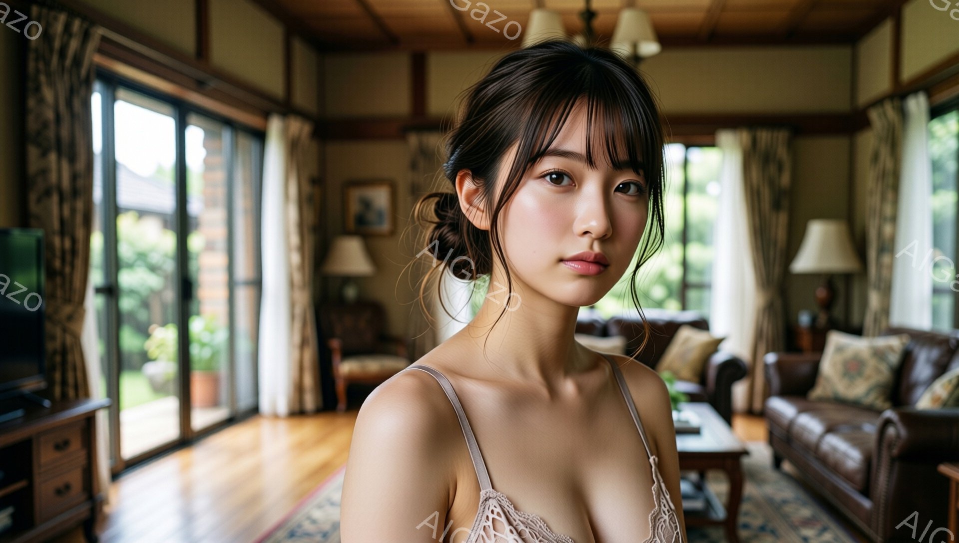 画像は、室内で正面を向いた若い女性を捉えています。彼女は肩出しのレースのキャミソールを着ており、髪を後ろで緩くまとめたヘアスタイルです。背景には、窓から見える緑豊かな庭と、クラシックな装飾が施されたリ - AI生成フリー素材