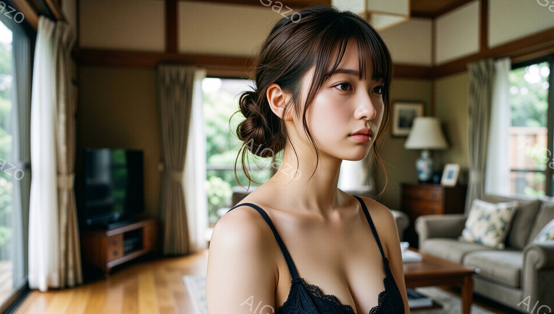 長い前髪とゆるく結んだ髪が特徴的な女性が写っている。黒いレースのキャミソールを着ており、少し物憂げな表情をしている。背景は木製の床と暖色系のソファがあるリビングで、窓からは緑が見え、穏やかな雰囲気が漂 - AI生成フリー素材