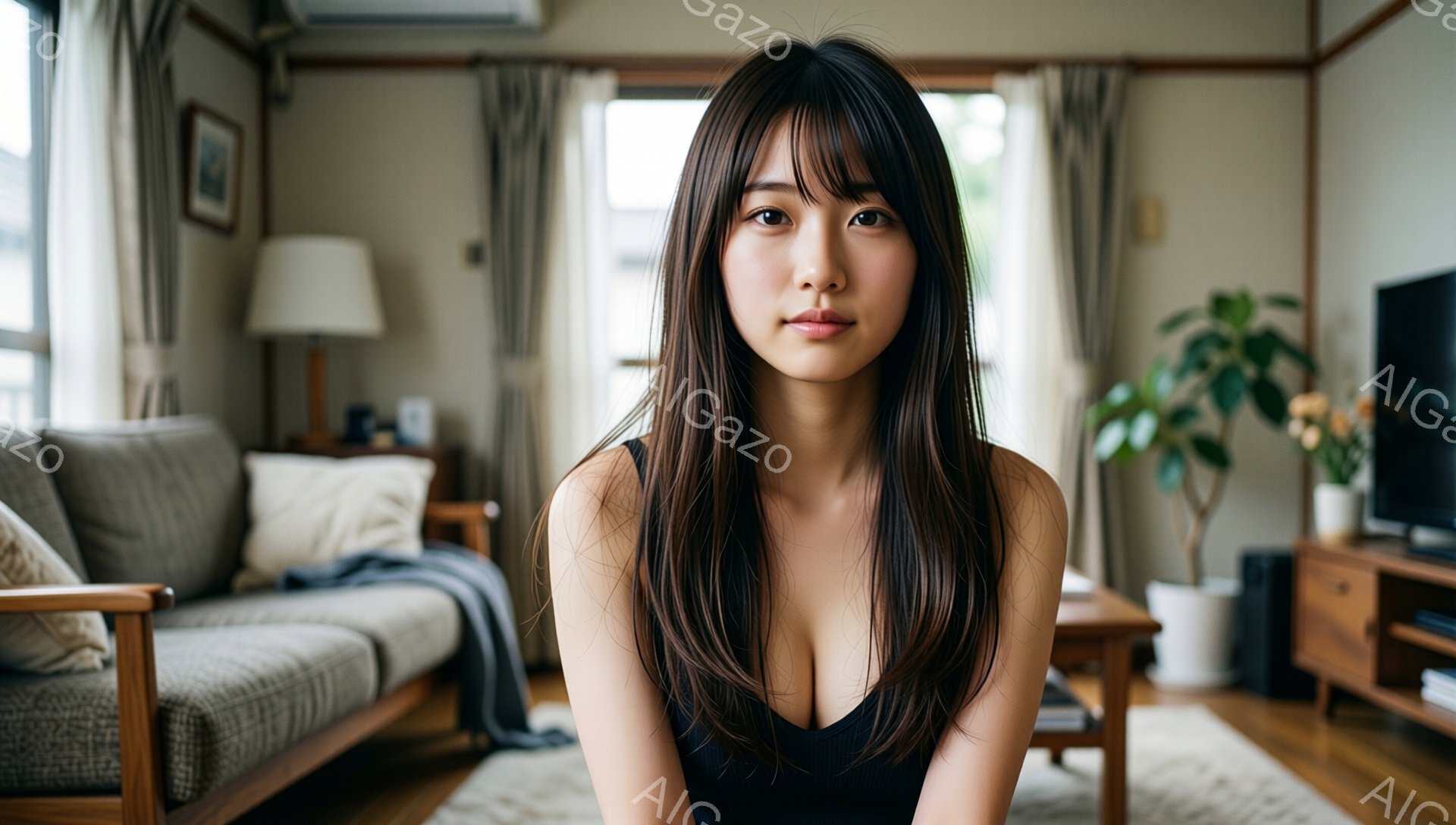 長い黒髪で、前髪が目の上まで覆っている女性が写っている。彼女は黒いキャミソールを着ており、リラックスした表情で正面を見つめている。背景は木製の家具と観葉植物のあるリビングルームで、穏やかで家庭的な雰囲気が漂っている。