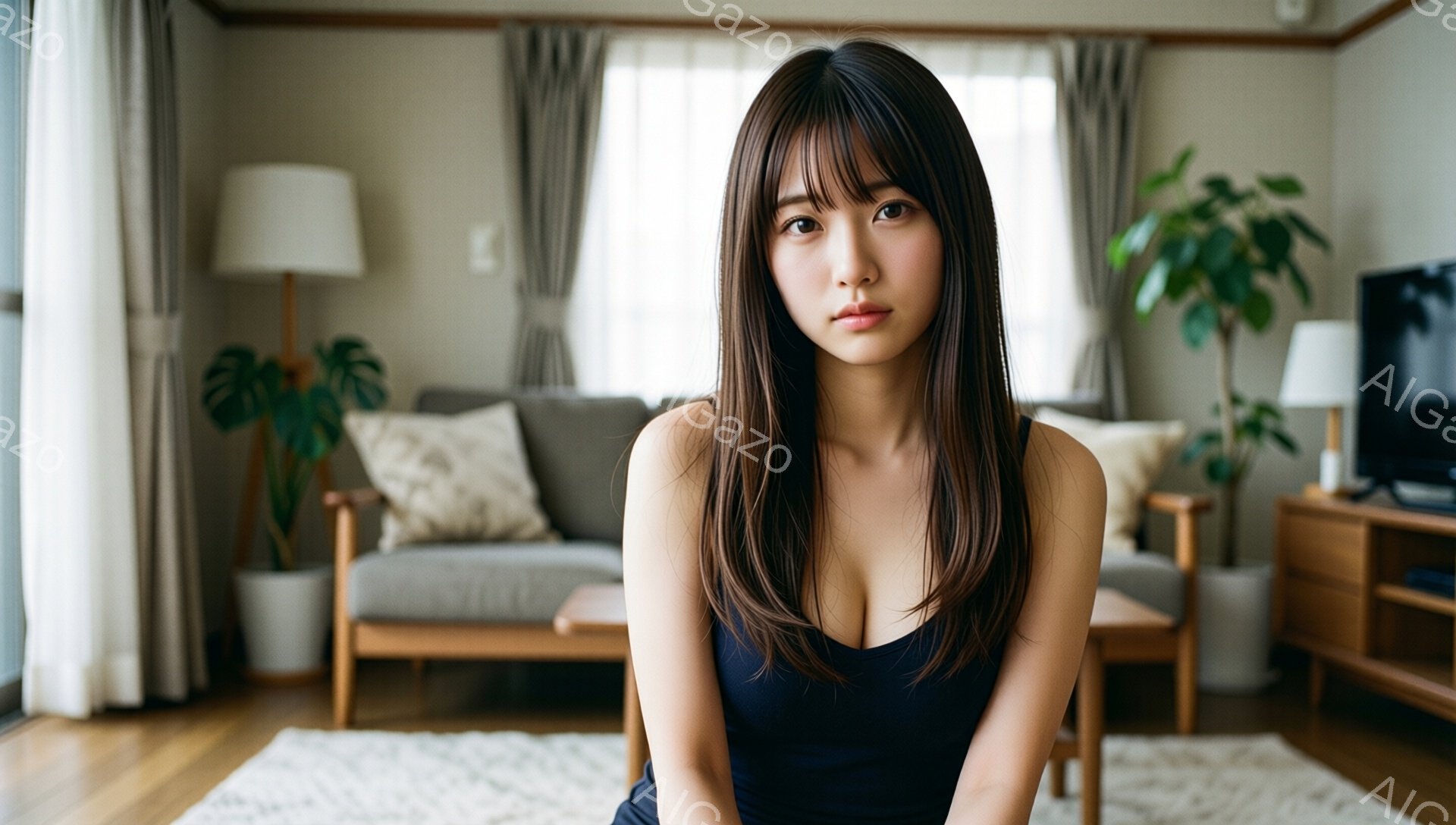 長い黒髪で前髪は眉毛にかかるように切り揃えられた女性が写っている。黒いタンクトップを着ており、少し微笑んだ表情でカメラを見つめている。リビングルームの背景には、明るい色のソファや観葉植物、木製の家具が - AI生成フリー素材