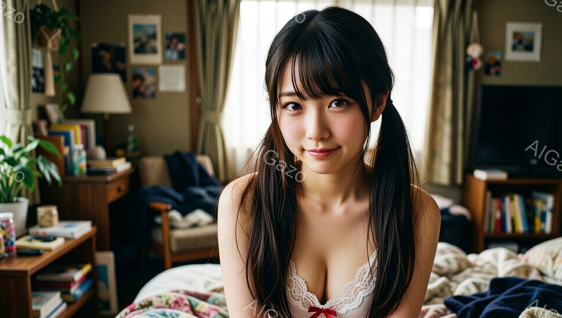 黒髪で、前髪をふんわりとさせた女性が写っています。白いレースのキャミソールを着ており、少し微笑んでいます。背景には、本棚やソファが見え、室内が暖かく、リラックスした雰囲気です。 - AI生成フリー素材