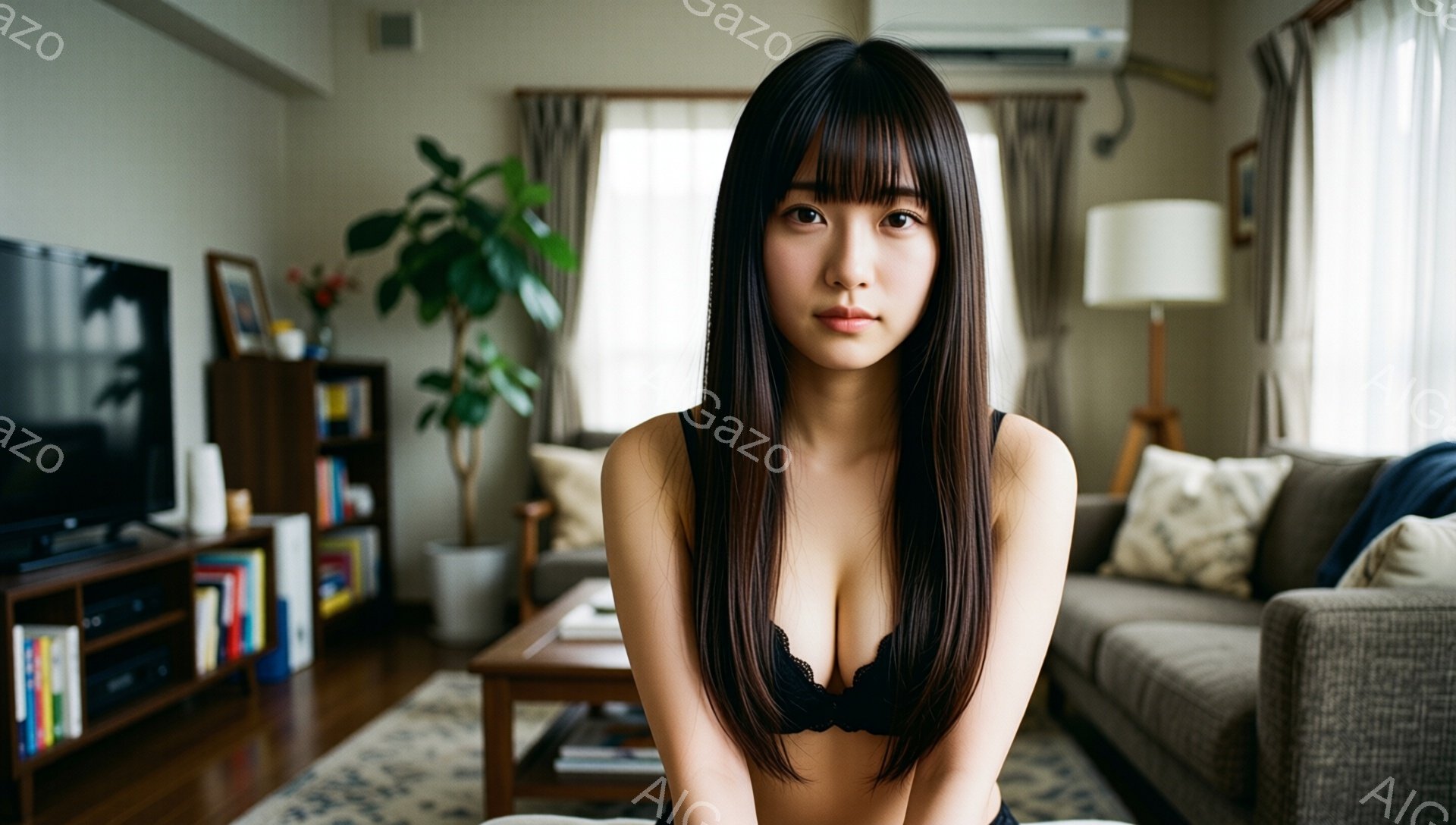 長い黒髪の女性が、黒いレースのブラレットと下着姿で正面を向いています。彼女は少し口を開け、落ち着いた表情をしています。背景には、ソファ、テレビ台、観葉植物、そして窓から差し込む自然光が見え、リビングル - AI生成フリー素材