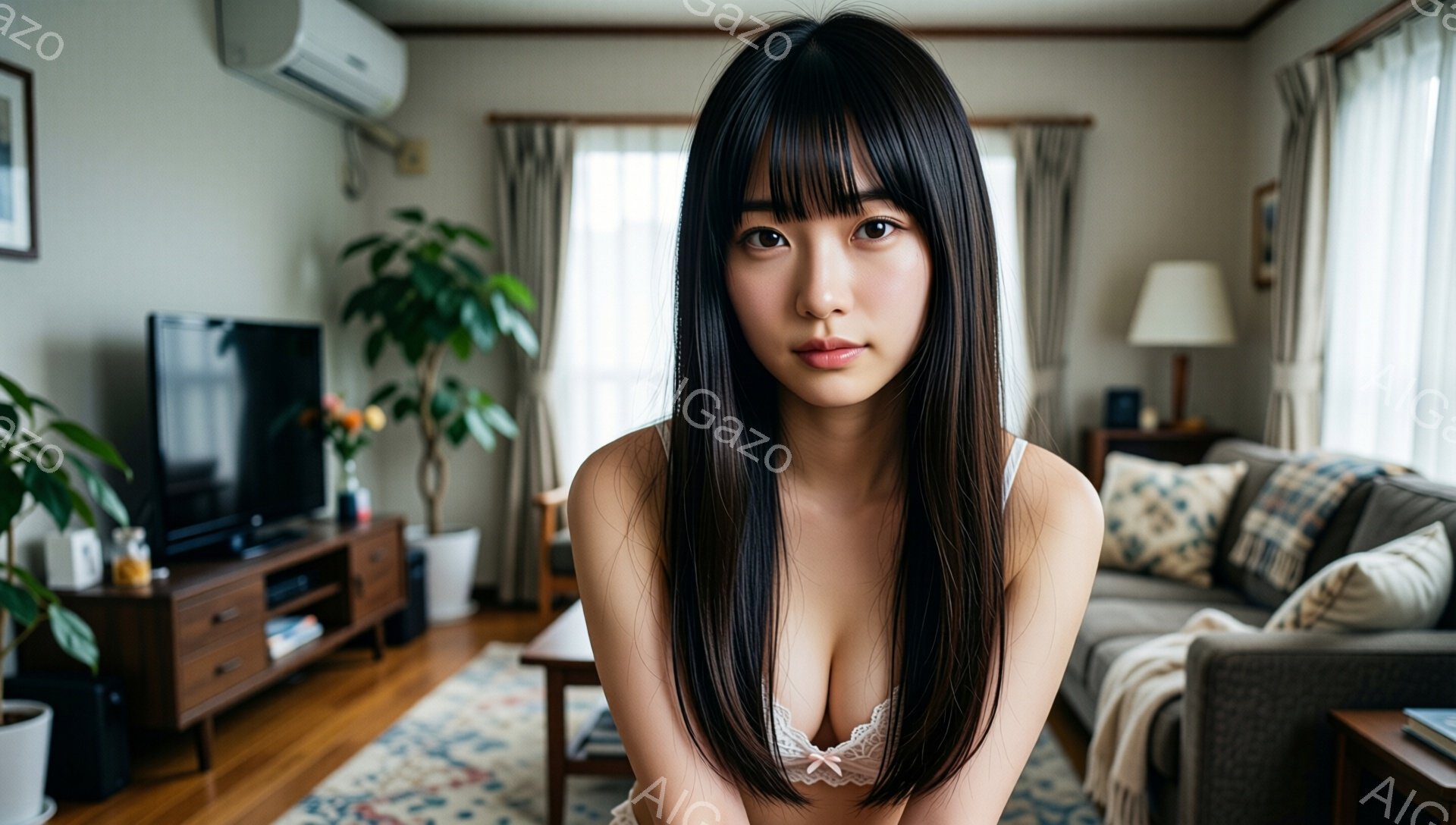 長い黒髪の女性が、ベージュ色のブラレットを着用し、正面を見つめています。彼女は少し微笑んでおり、リラックスした姿勢で、部屋の中心に立っています。背景には、リビングルームの家具や植物が見え、暖かく穏やか - AI生成フリー素材