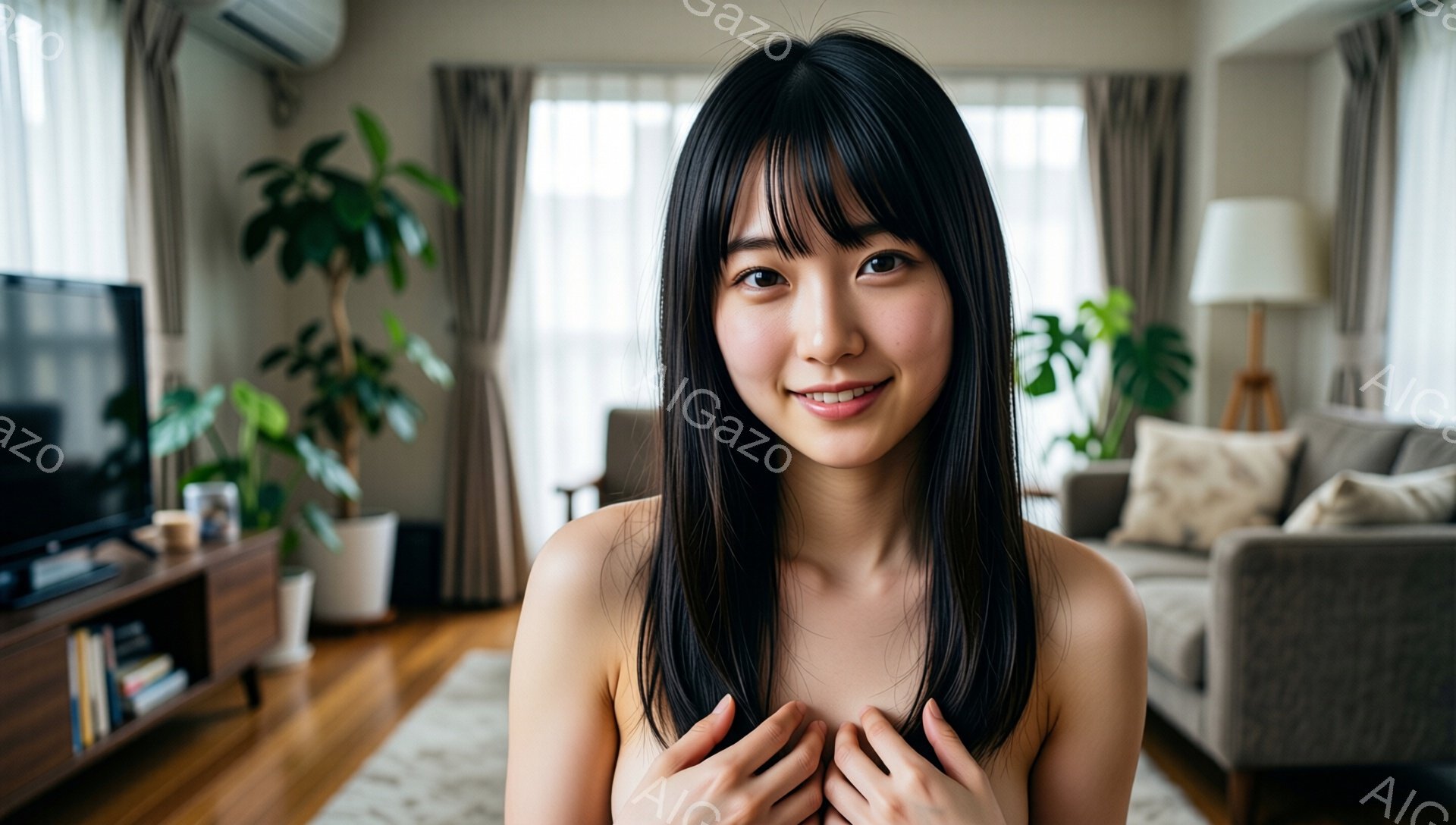 長い黒髪で、前髪が眉毛にかかる女性が写っています。彼女は上半身裸で、両手を胸の前で組み、微笑んでいます。背景には、クリーム色のソファ、観葉植物、木製のテレビ台、そして窓から差し込む自然光が見え、温かく - AI生成フリー素材