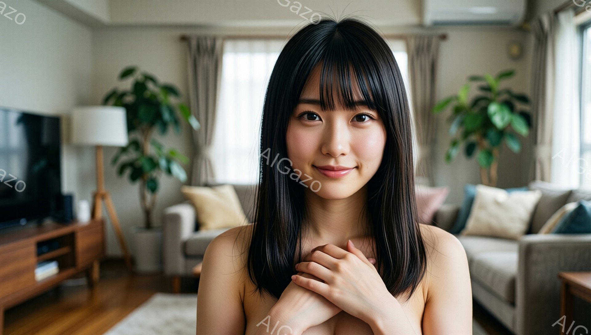 黒髪で前髪のある女性が、白い壁と家具の明るいリビングルームに立っています。彼女は肩を寄せたように両手を胸の前で組み、微笑んでいます。背景にはソファー、観葉植物、そして自然光が差し込む窓が見え、暖かく親しみやすい雰囲気を作り出しています。