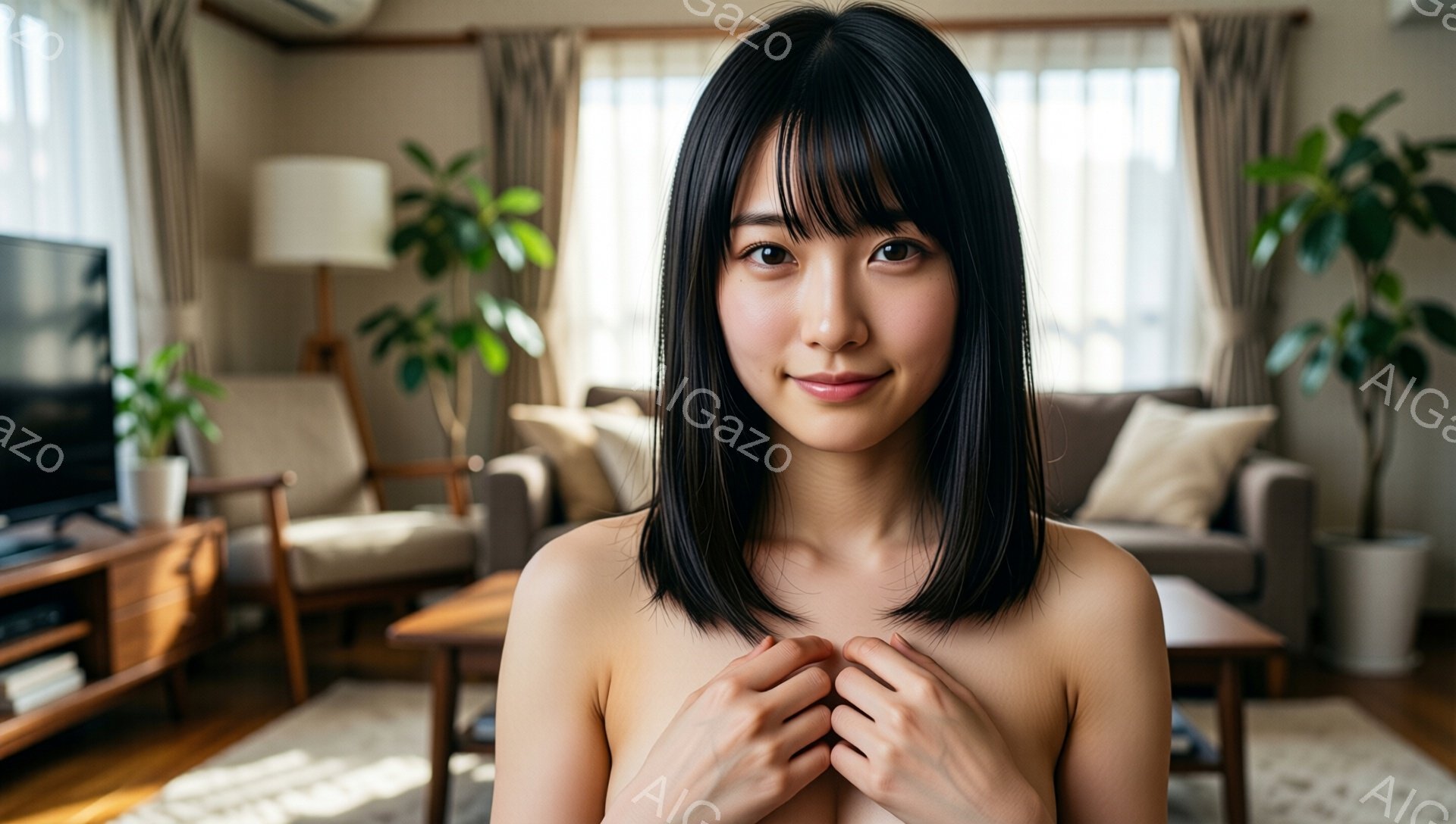 黒髪のボブヘアの女性が、白い背景の明るいリビングルームで正面を見つめています。彼女は上半身裸で、両手を胸の前で組み、穏やかな笑顔を浮かべています。背景には、ソファ、椅子、観葉植物が配置されており、日差しが差し込んで温かい雰囲気を醸し出しています。