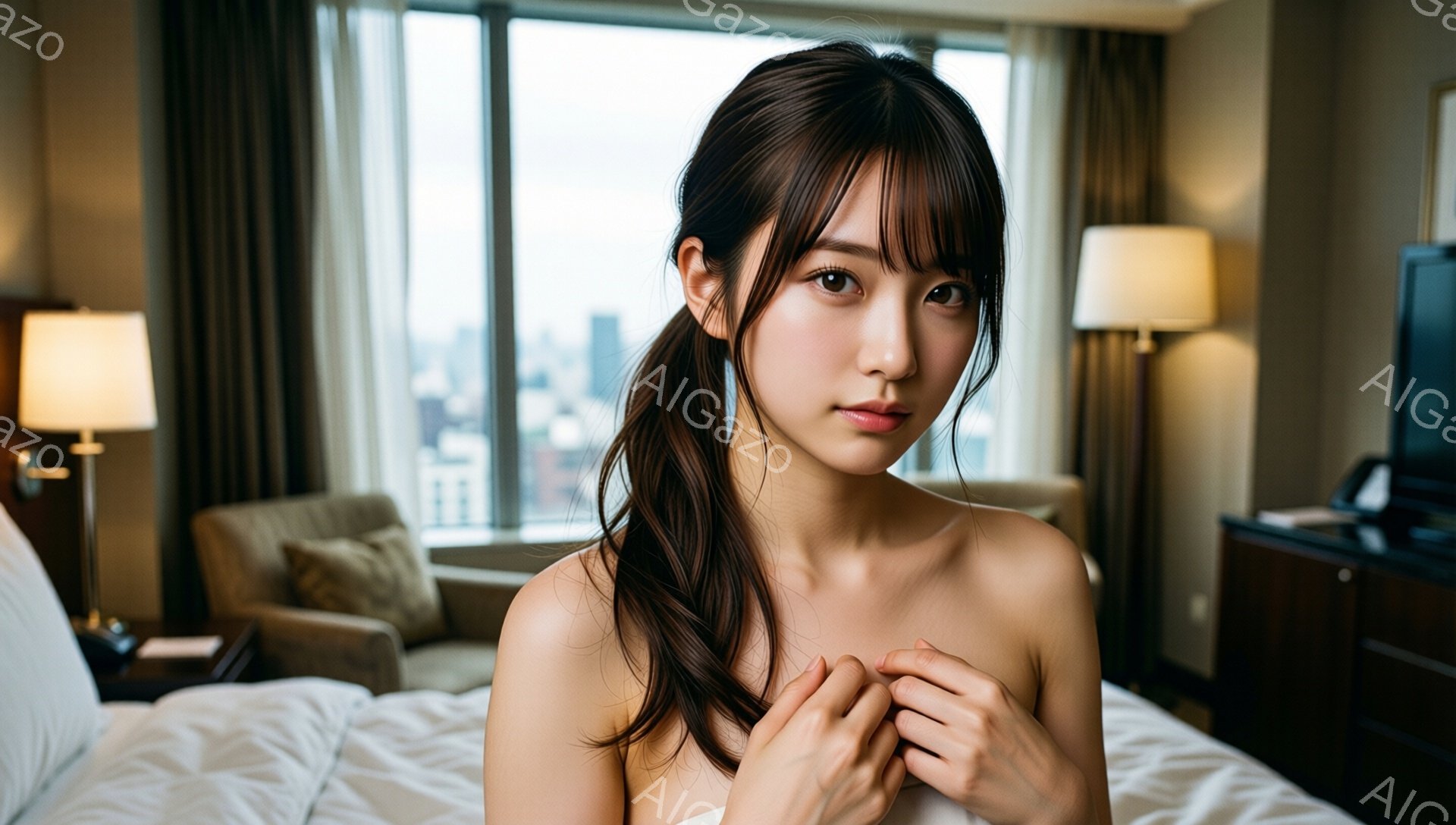 長い黒髪をハーフアップにした若い女性が、白いベッドの上で両手を胸の前で組んで立っている。彼女は落ち着いた表情で、窓の外には高層ビル群が見え、晴れた日の都会の風景が広がっている。部屋の内装はベージュと茶色を基調とした落ち着いた雰囲気で、間接照明が暖かさを添えている。