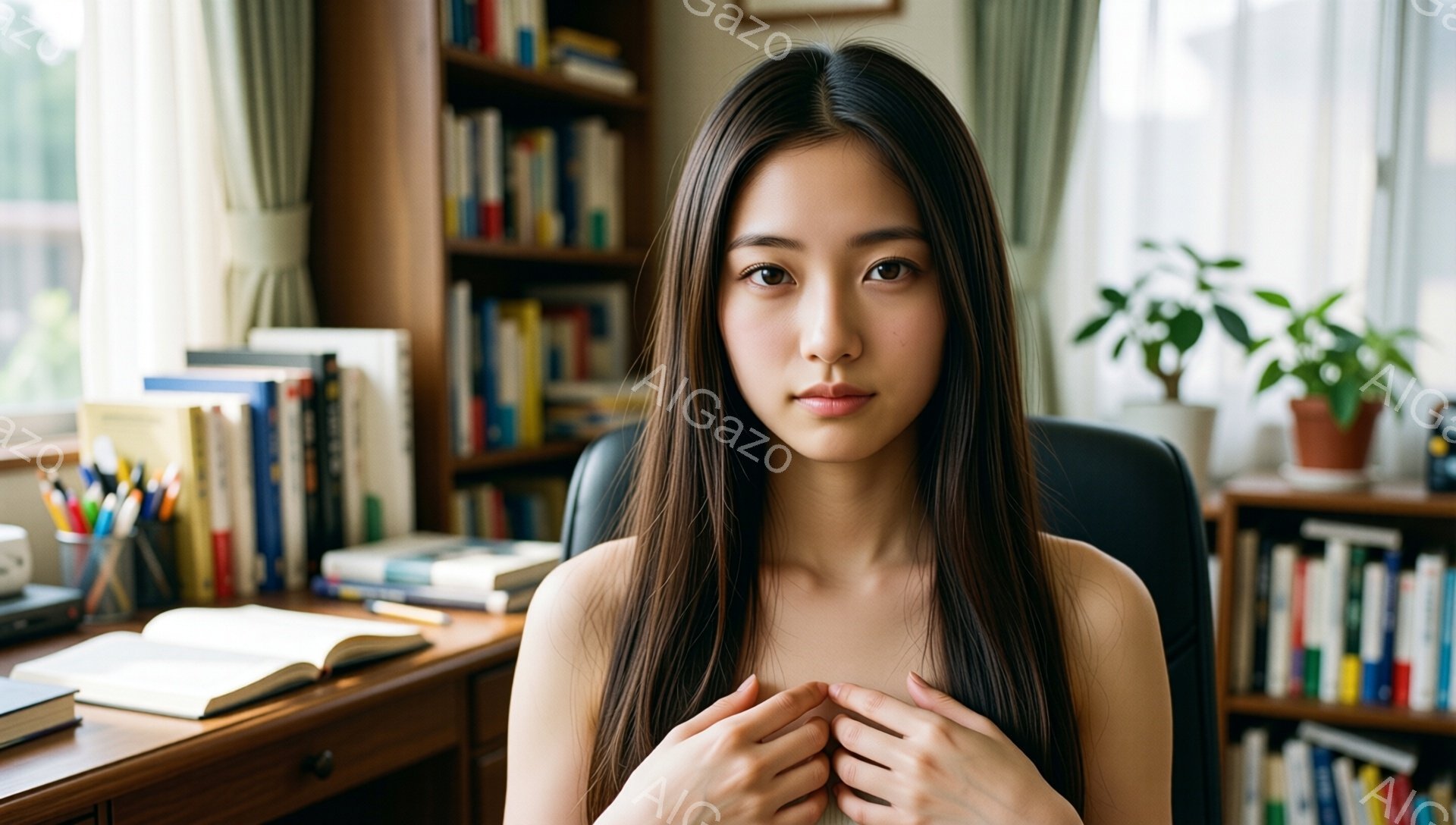 長い黒髪の女性が、胸の前で両手を組んでこちらを見つめています。彼女は上半身に何も着ておらず、背景には木製の本棚と机、そして緑の植物が見えます。室内は明るく、落ち着いた雰囲気で、図書館や書斎のような空間 - AI生成フリー素材