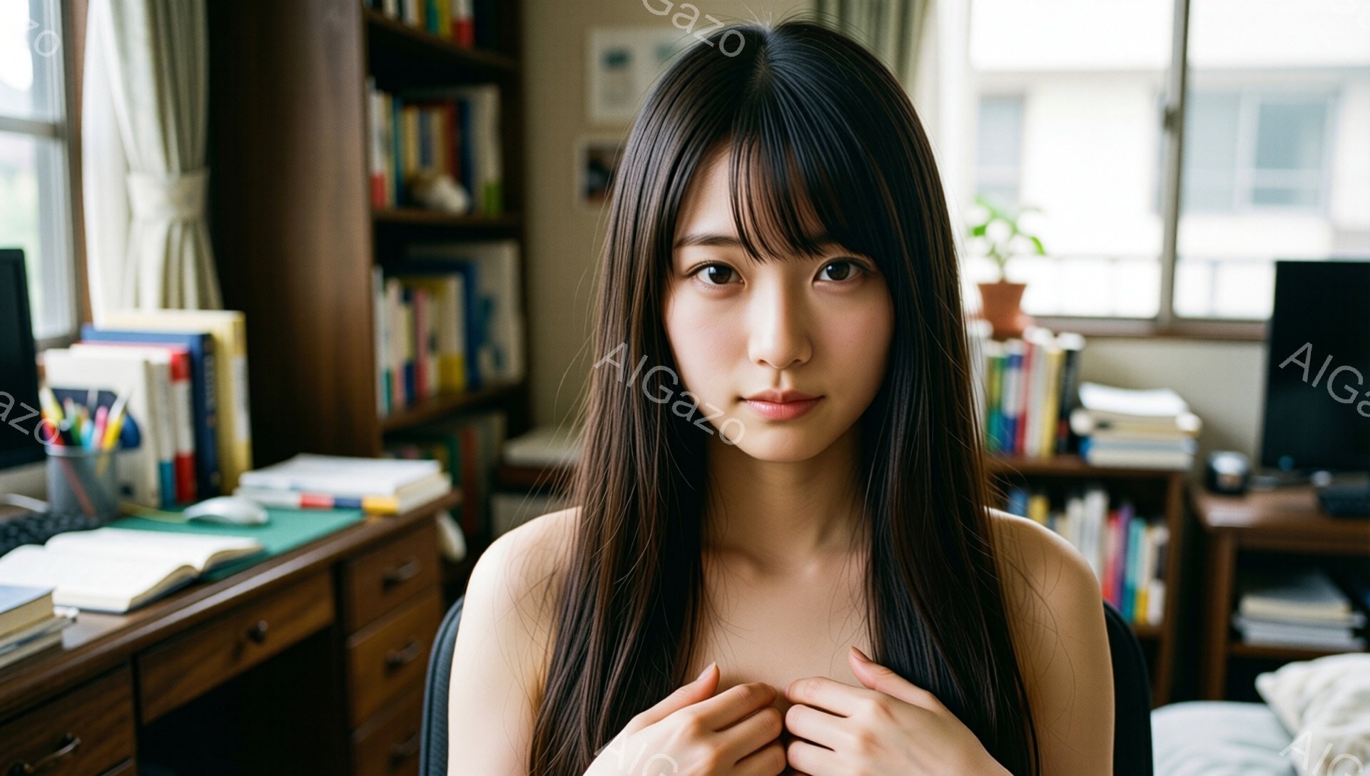 長い黒髪の女性が、胸の前で両手を組んでカメラを見つめています。彼女は肩出しの白いトップスを着ており、控えめな微笑みを浮かべています。背景には本棚と机があり、部屋の様子から室内であることがわかります。