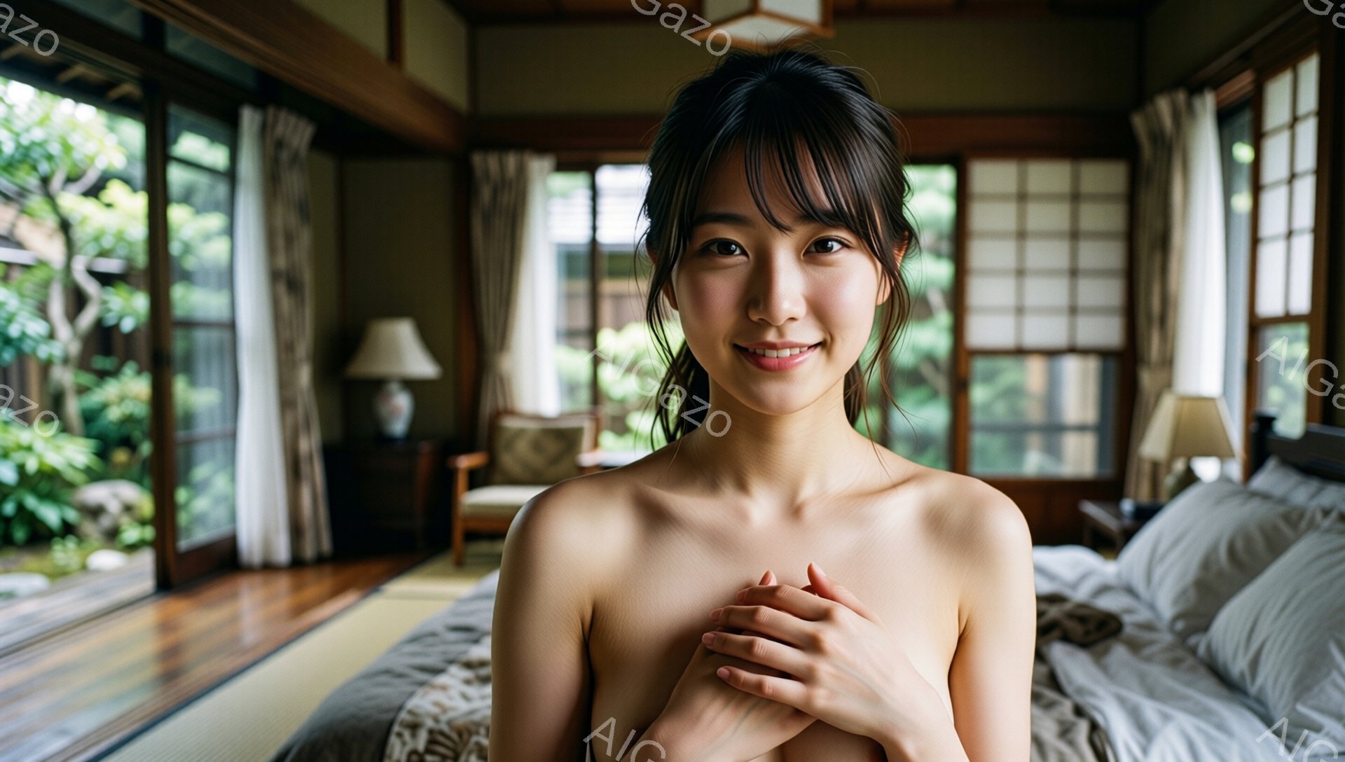 若い女性が、明るい室内で微笑んでいます。彼女は上半身裸で、両手を胸の前で組み、優しげな表情をしています。背景には畳敷きの部屋と、窓から見える緑豊かな庭園が見え、穏やかでリラックスした雰囲気が漂っています。