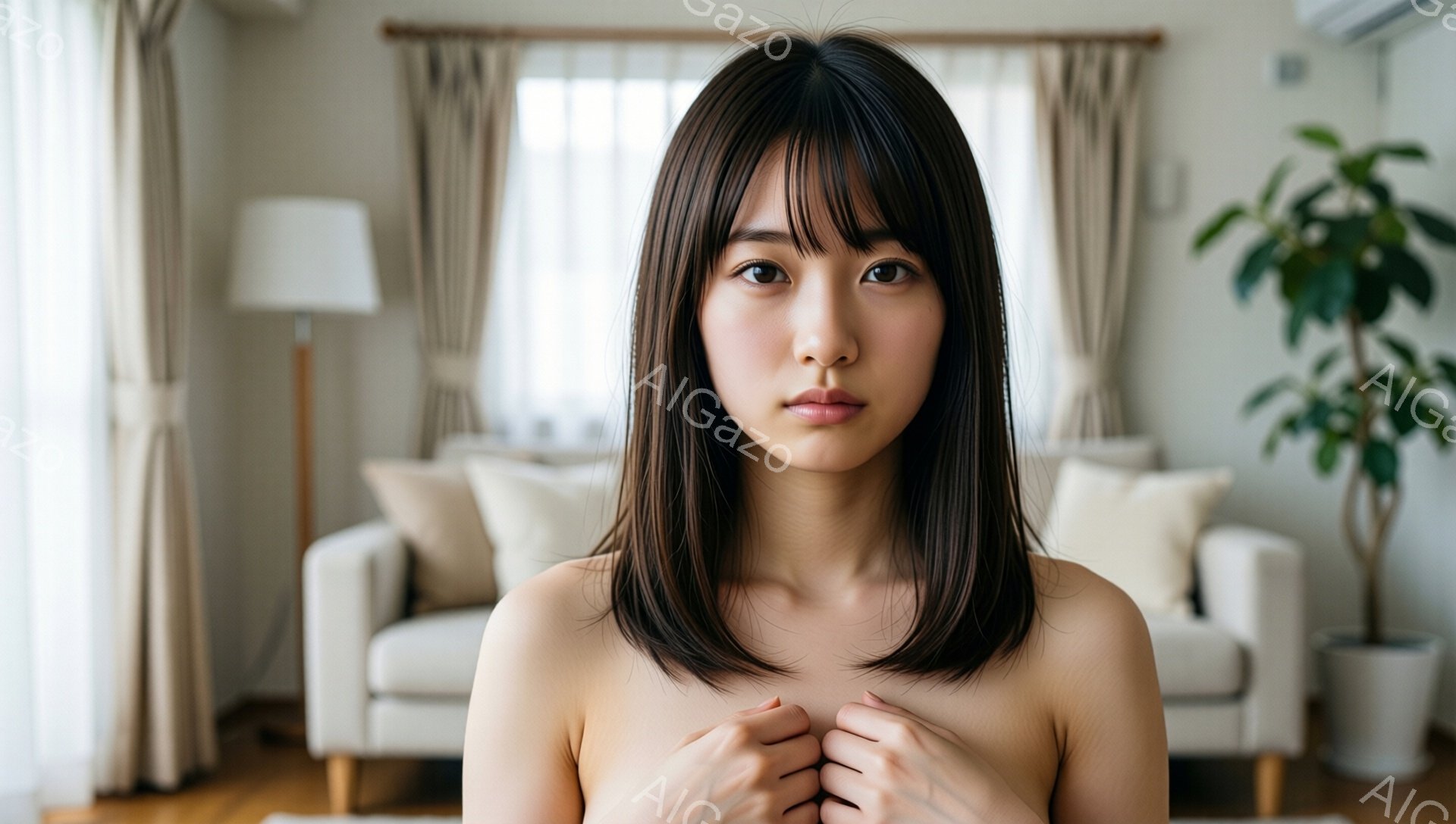 黒髪のボブヘアの女性が、ベージュ色のソファが置かれたリビングで、上半身裸で立っている。彼女は両手で胸元を抱え、少し物憂げな表情で正面を見つめている。背景には明るい光が差し込み、植物やカーテンが見え、室 - AI生成フリー素材