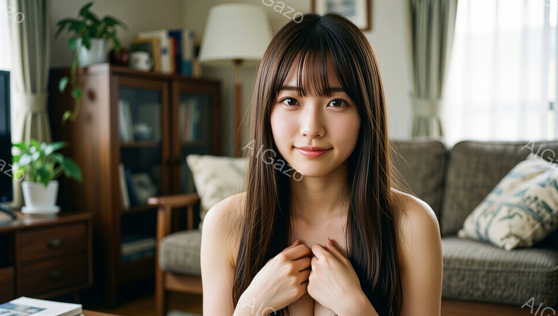長い黒髪で前髪が目の上にかかる女性が、暖かいリビングルームでこちらを見つめています。彼女は上半身裸で、両手を胸の前で組み、穏やかな微笑みを浮かべています。背景には木製のキャビネットやソファ、観葉植物が - AI生成フリー素材