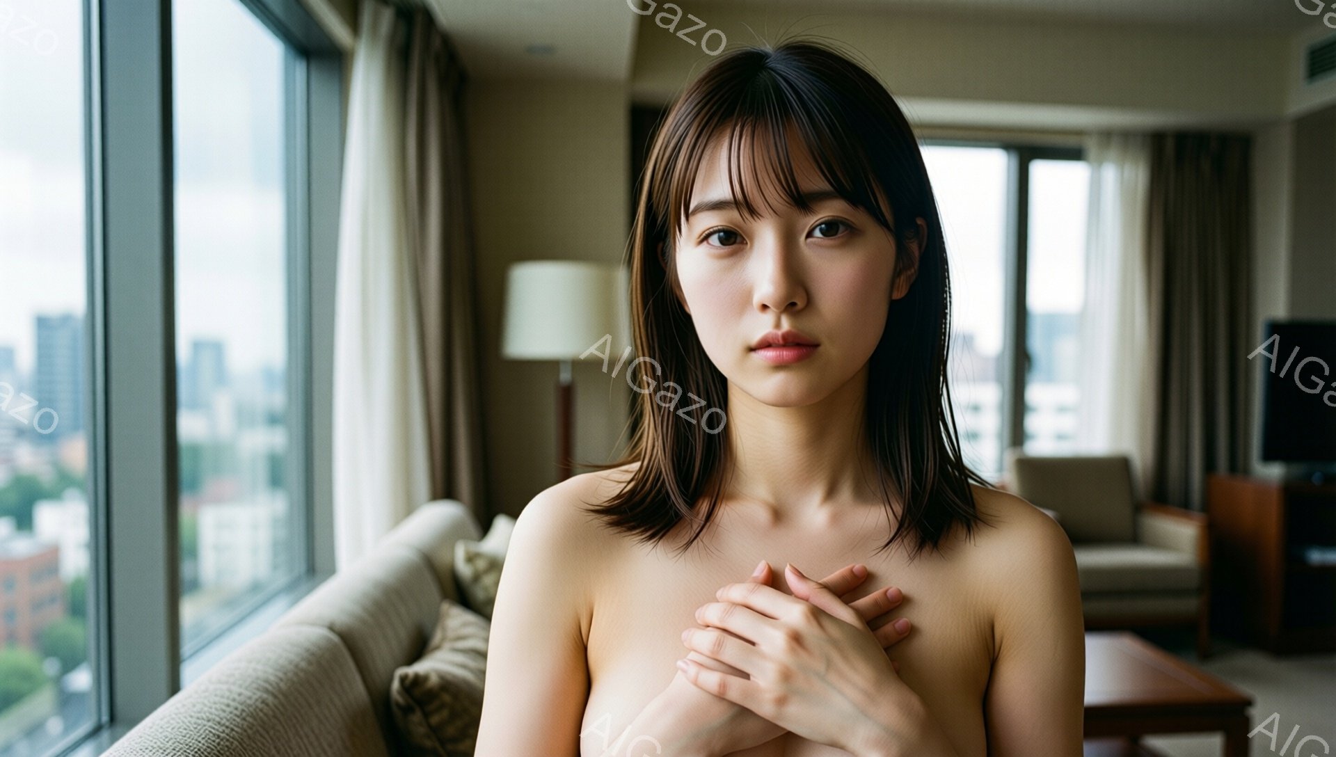 明るい窓辺に佇む若い女性が写っている。彼女は肩から上が裸で、両手を胸の前で組み合わせており、やや憂いを帯びた表情をしている。背景には高層ビル群が見え、部屋はモダンな家具で整えられたリビングルームで、穏やかで少し寂しげな雰囲気が漂う。