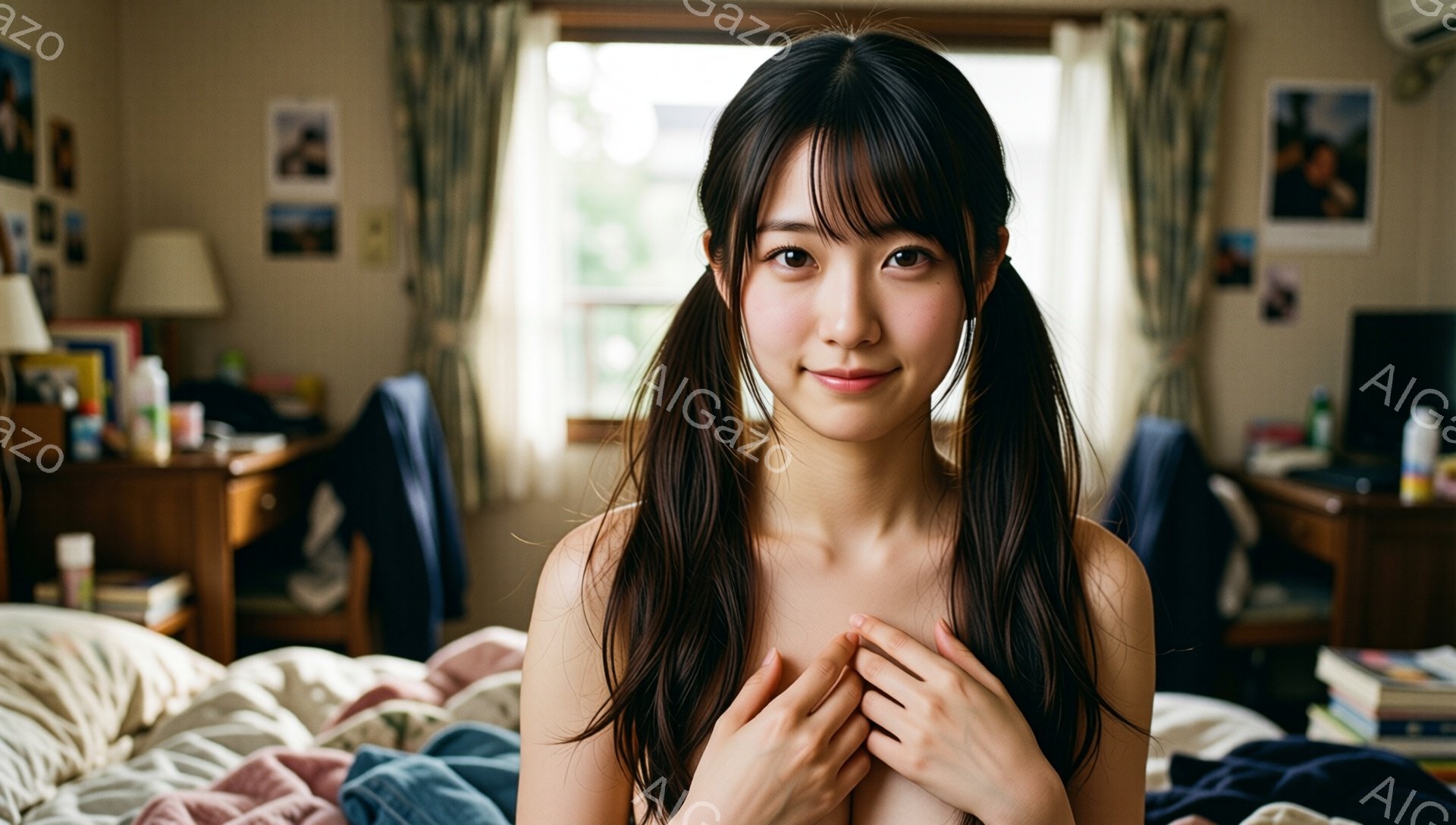 黒髪をツインテールにした若い女性が、ベッドに座って両手を胸の前で組んでいます。彼女は微笑んでおり、背景には木製の家具や本が置かれた部屋が見えます。全体的に、暖かく、親しみやすい雰囲気です。