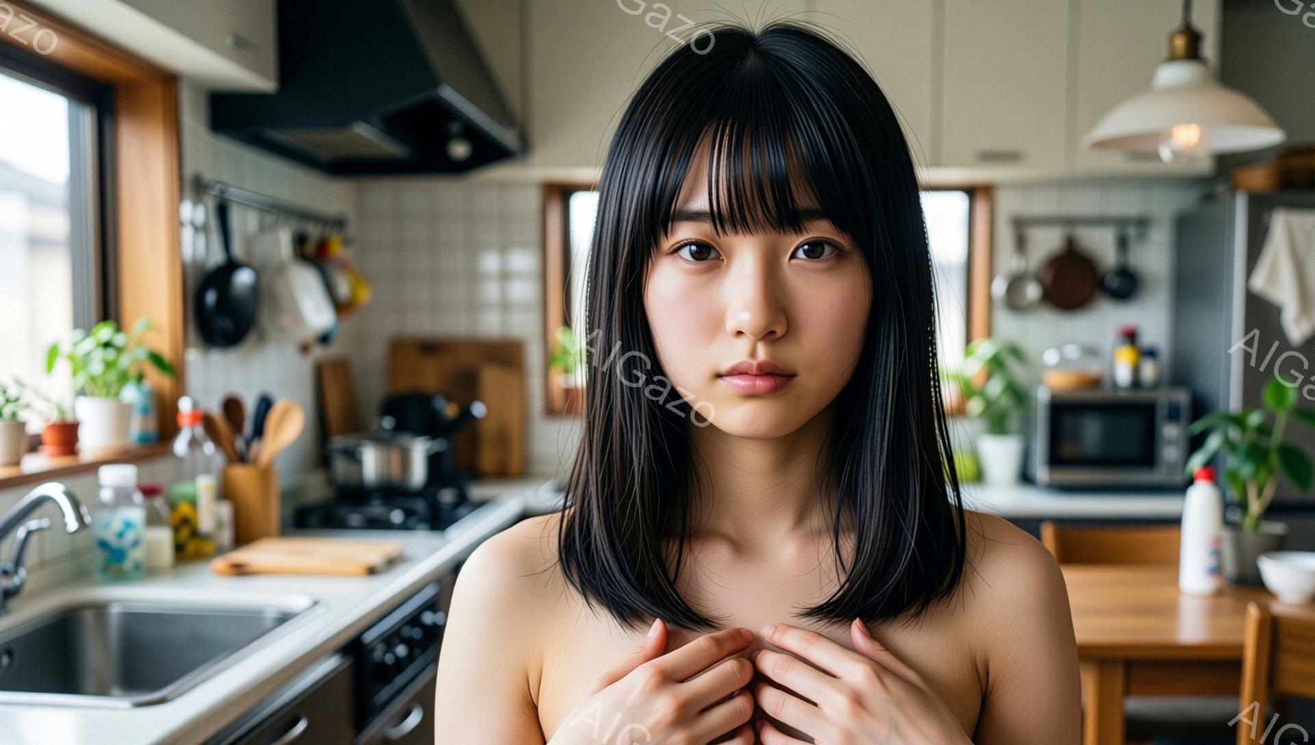 黒髪の女性が、キッチンで胸の前で両手を組んで立っている。彼女は肩出しの服装で、前髪を伸ばしたボブヘアスタイルをしている。背景にはキッチン用品や調理器具が並び、暖色系の照明と木製の家具が落ち着いた雰囲気を醸し出している。