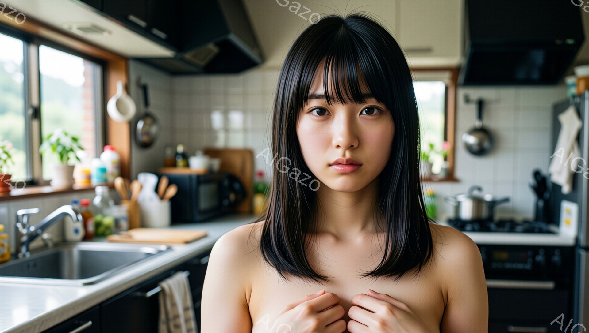 黒髪の女性がキッチンで正面を見据えています。彼女は上半身を裸にしており、両手で胸元を覆うように抱えています。背景にはシンク、調理器具、窓から見える緑が見え、日常的ながらもどこか憂いを帯びた雰囲気が漂っています。