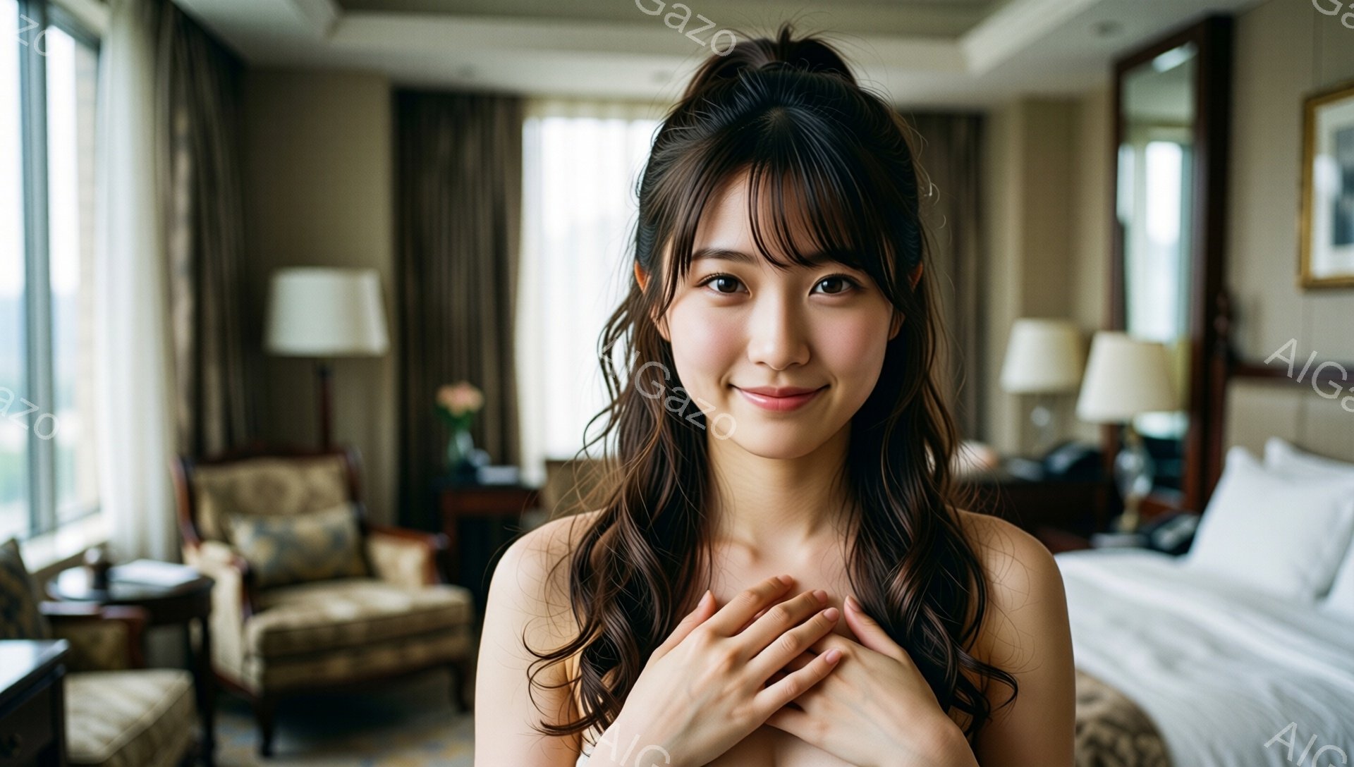 画像は、明るい室内で微笑む若い女性を捉えています。彼女は肩を露出した服装で、ゆるやかなカールで肩まで伸びた髪型をしており、両手を胸の前で優しく重ねています。背景には、窓の外の風景が見える高級感のあるホテルの一室が写っており、全体的に温かく穏やかな雰囲気が漂っています。