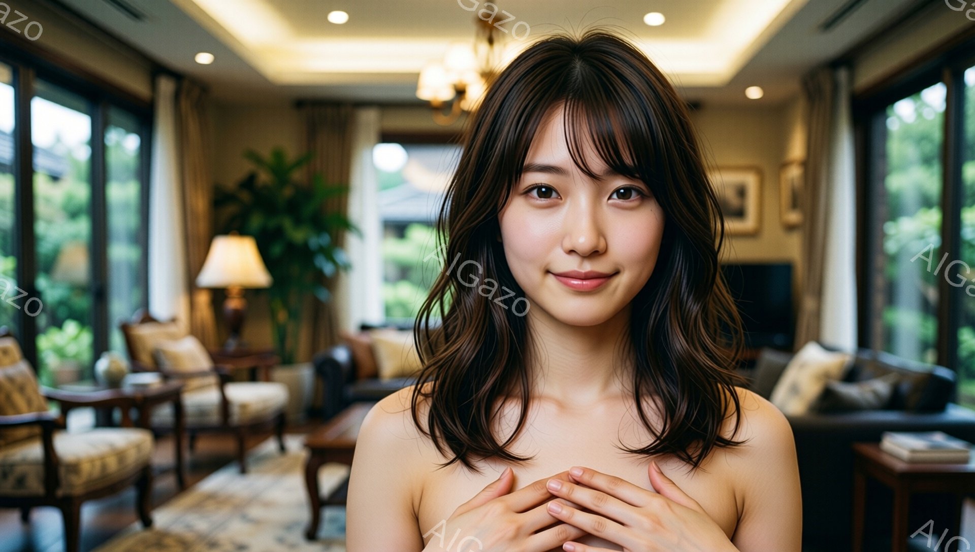 画像には、肩出しの女性が写っており、温かい笑顔を浮かべている。彼女は暗い髪で、少しカールがかかっており、胸の前で手を組み、優しい印象を与えている。背景には、大きな窓から光が差し込むリビングルームがあり、豪華な家具や植物が見え、リラックスした雰囲気を醸し出している。