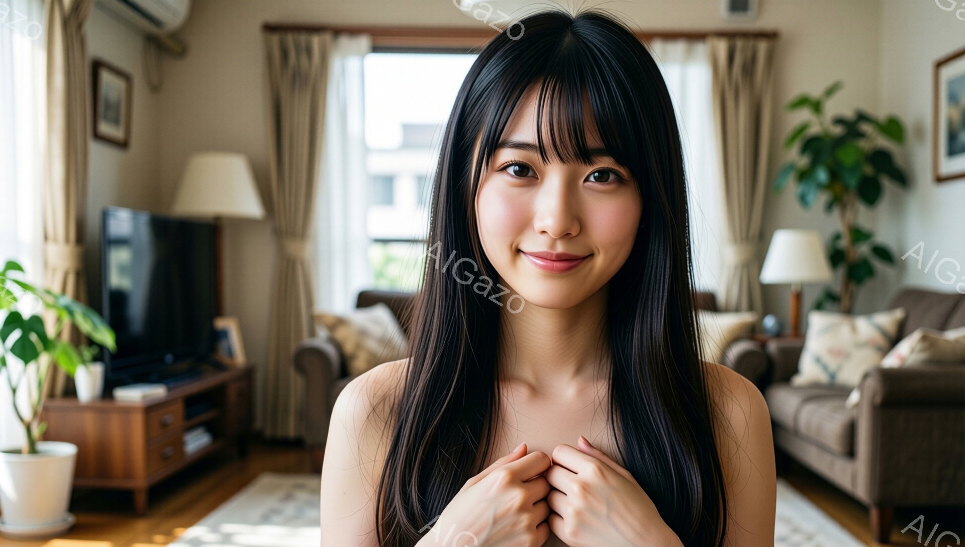 長い黒髪の女性が、ベージュ色のリビングで微笑んでいます。彼女は上半身に白い物を着ており、両手を胸の前で組み、優しい表情を浮かべています。背景には、ソファやテレビ、植物があり、窓からは自然光が差し込み、 - AI生成フリー素材