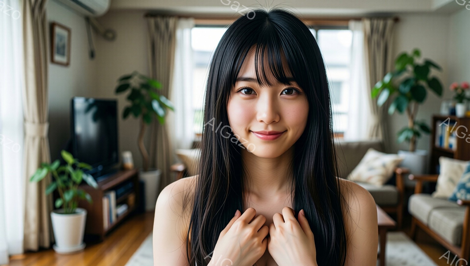 長い黒髪の女性が、ベージュ色の部屋でカメラに向かって微笑んでいます。彼女は上半身に薄い色の衣服を着ており、両手を胸の前で組み、優しげな表情を浮かべています。背後にはテレビやソファ、観葉植物が配置され、 - AI生成フリー素材