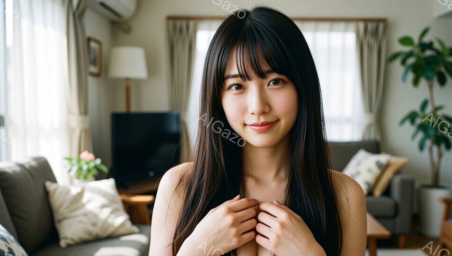 長い黒髪で、前髪が目の上にかかる女性が写っている。彼女はベージュのソファに座り、両腕を胸の前で組んで微笑んでいる。背景には窓からの自然光、テレビ、そして観葉植物が見え、温かくリラックスした雰囲気が漂っ - AI生成フリー素材