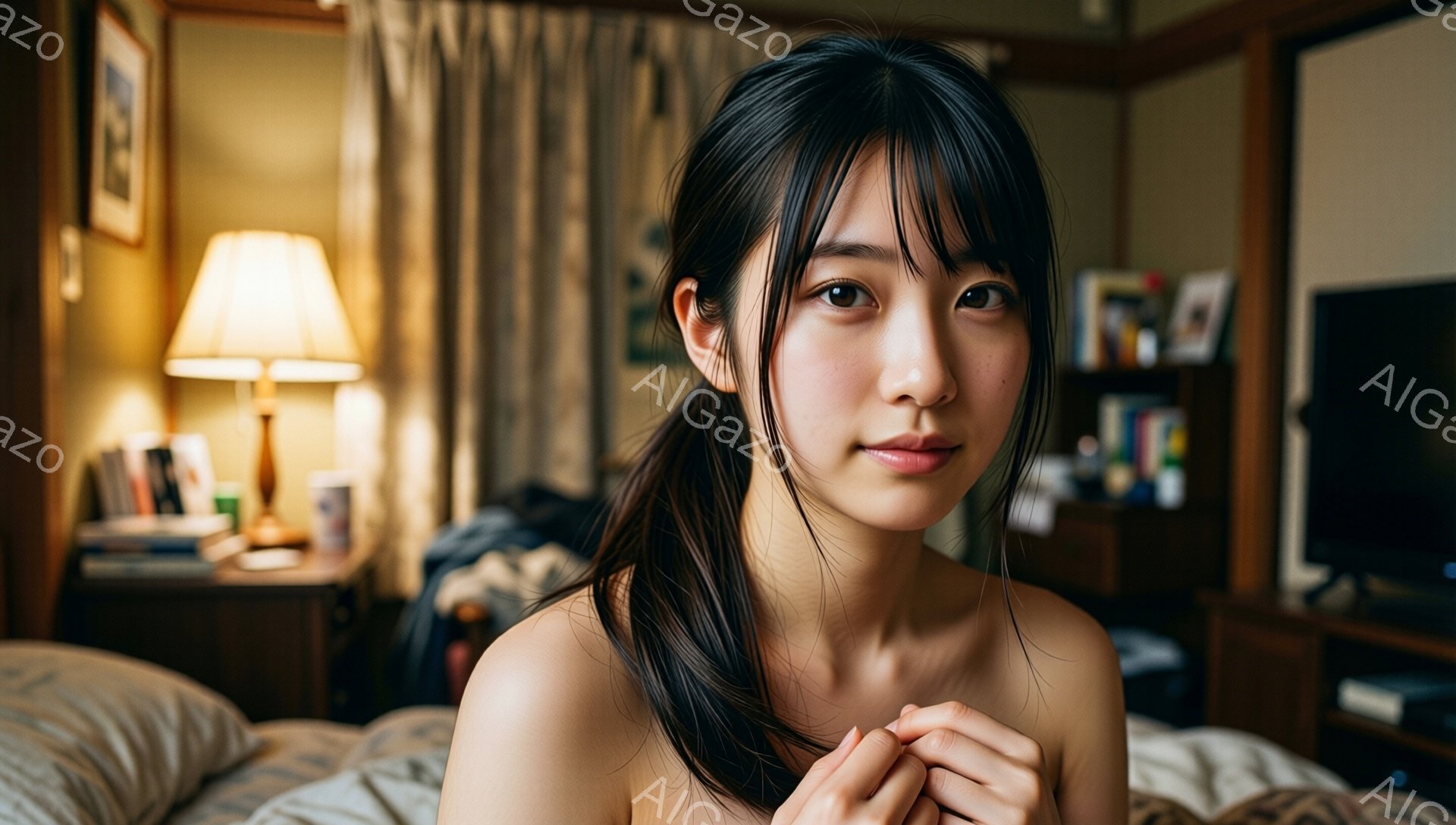 長い黒髪をハーフアップにした若い女性が写っている。彼女は柔らかい表情で、何かを抱えているように両手を組んでいる。背景には、ベッドとナイトテーブル、本棚が見え、部屋全体が温かく落ち着いた雰囲気である。