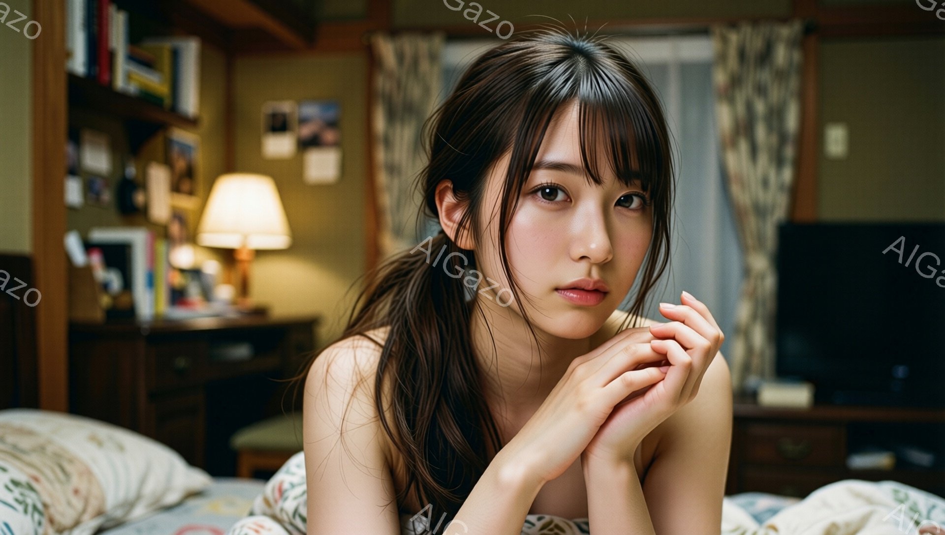 茶髪の女性がベッドに横たわり、腕を組みながらカメラを見つめています。彼女は薄い色の花柄の服を着ており、髪はポニーテールに結ばれています。背景には木製の家具やカーテンがあり、リラックスした雰囲気を醸し出 - AI生成フリー素材