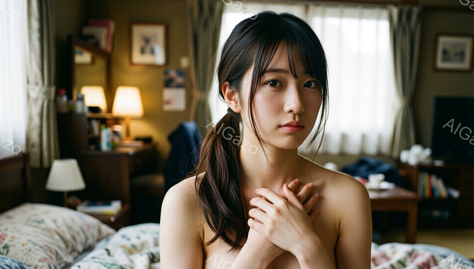長い黒髪をポニーテールにした若い女性が、胸の前で両手を組んでカメラを見つめています。彼女は上半身裸で、背景には寝室らしき部屋が見え、木製の家具やランプ、そして窓から差し込む柔らかい光が暖かさを感じさせます。全体的に、内省的で繊細な雰囲気を漂わせています。